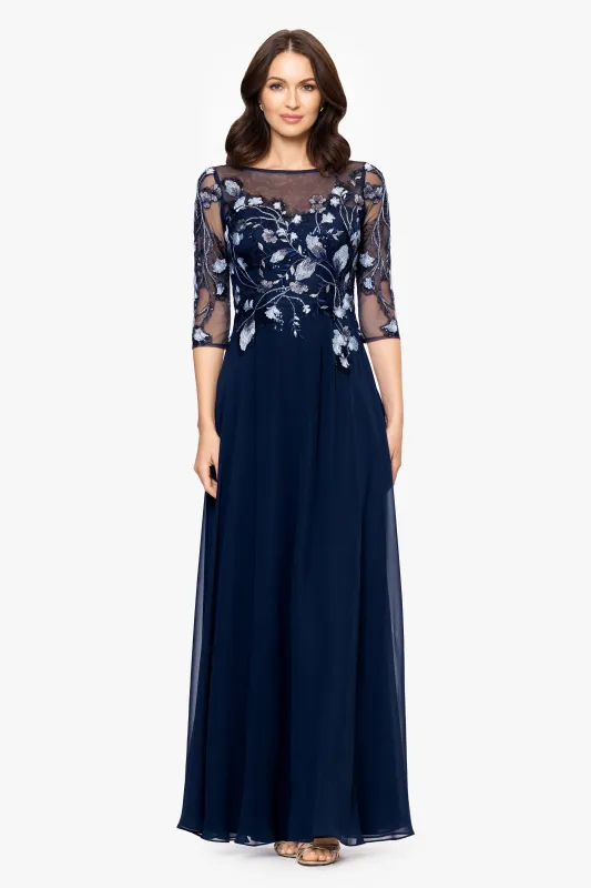 "Juliette" Chiffon 3/4 Sleeve Embroidered Bodice Floor Length Dress sold by Betsy & Adam