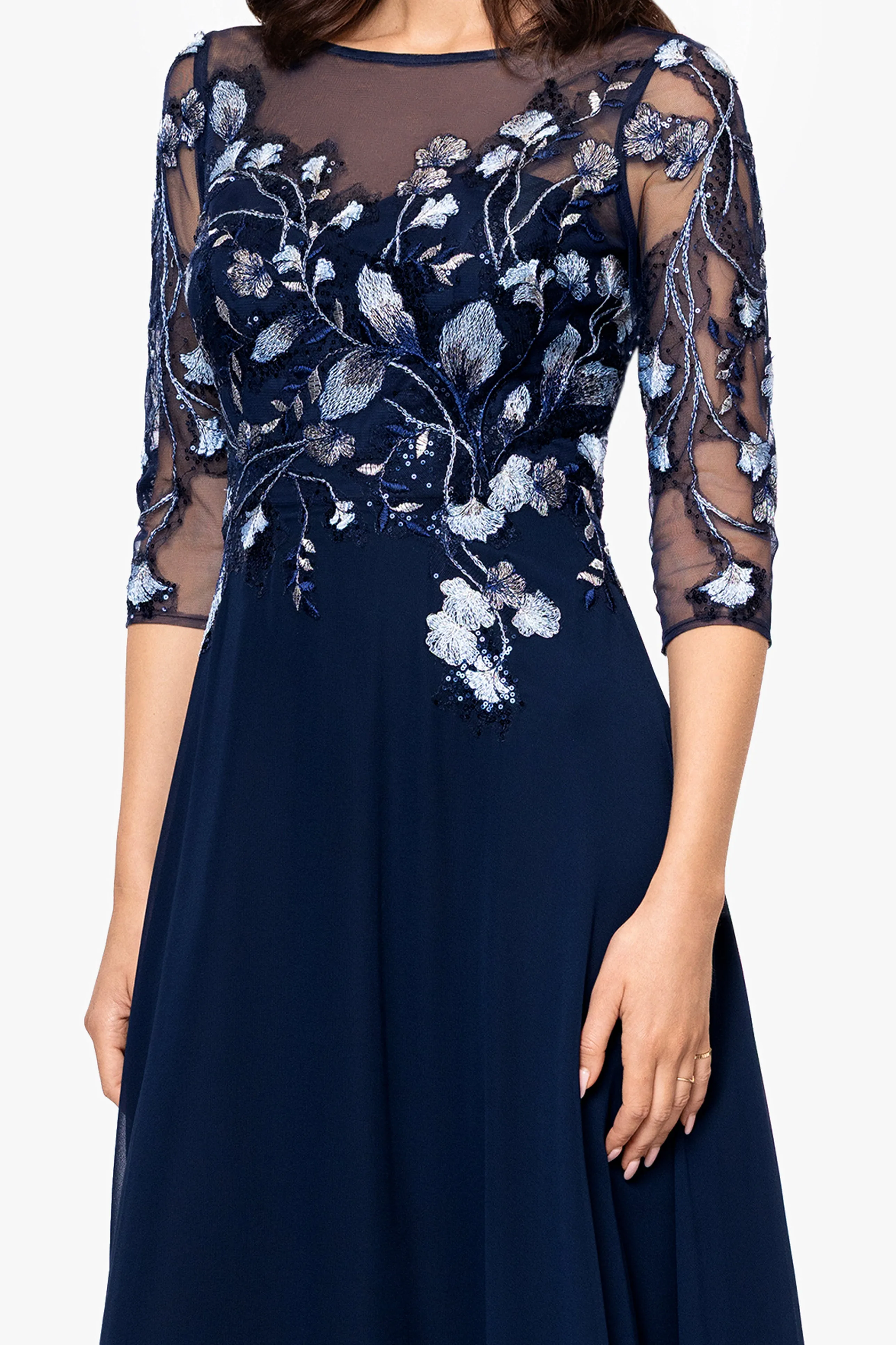 "Juliette" Chiffon 3/4 Sleeve Embroidered Bodice Floor Length Dress sold by Betsy & Adam product image thumbnail 2