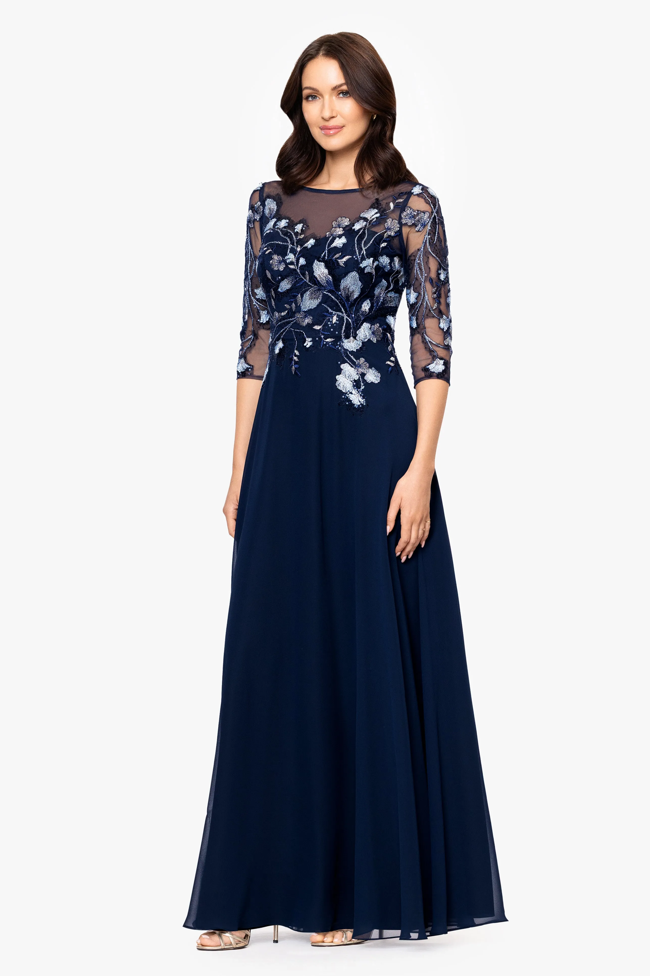 "Juliette" Chiffon 3/4 Sleeve Embroidered Bodice Floor Length Dress sold by Betsy & Adam product image thumbnail 4