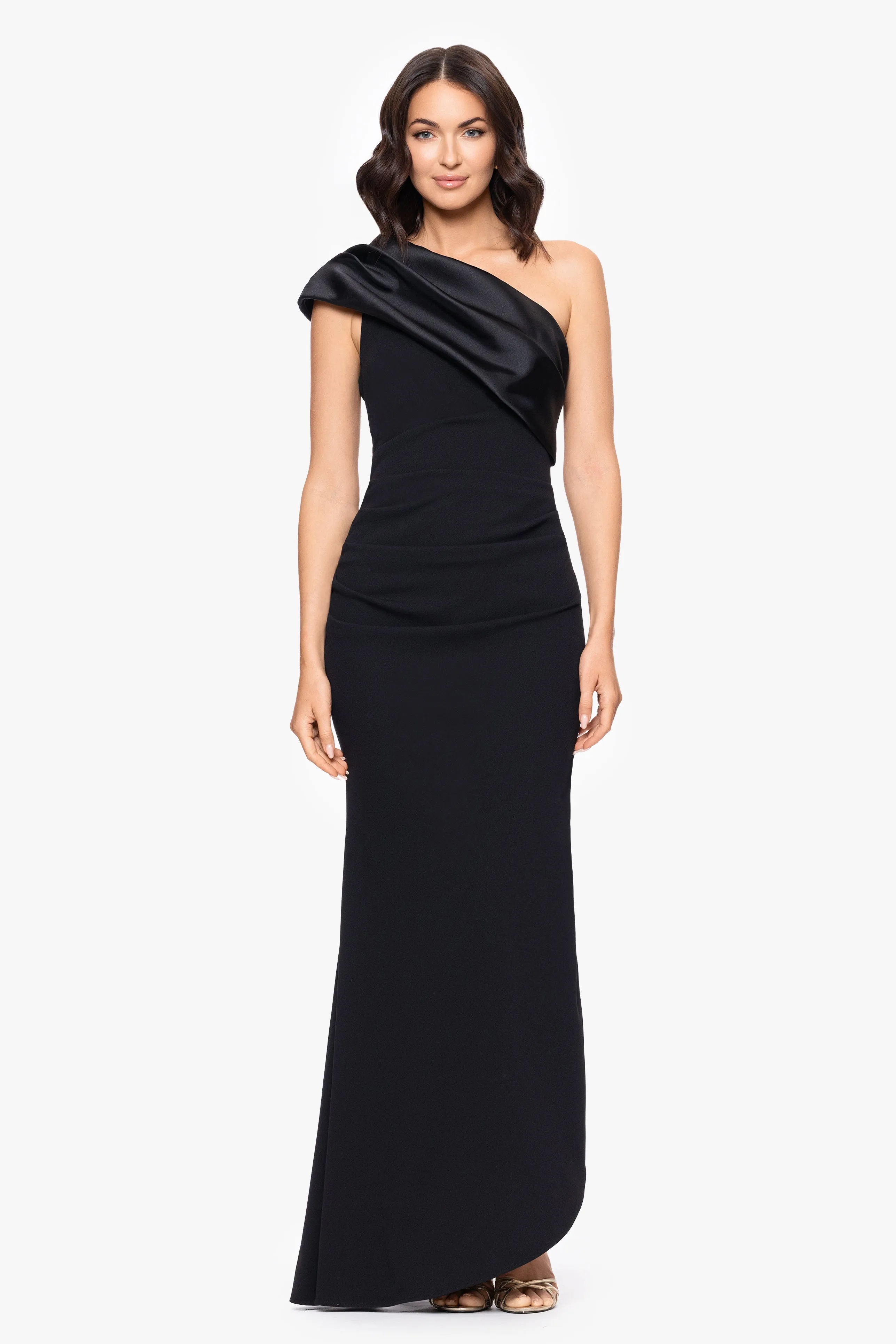 "Belinda" Scuba Crepe Drop Shoulder Satin Banded Neckline Floor Length Dress sold by Betsy & Adam