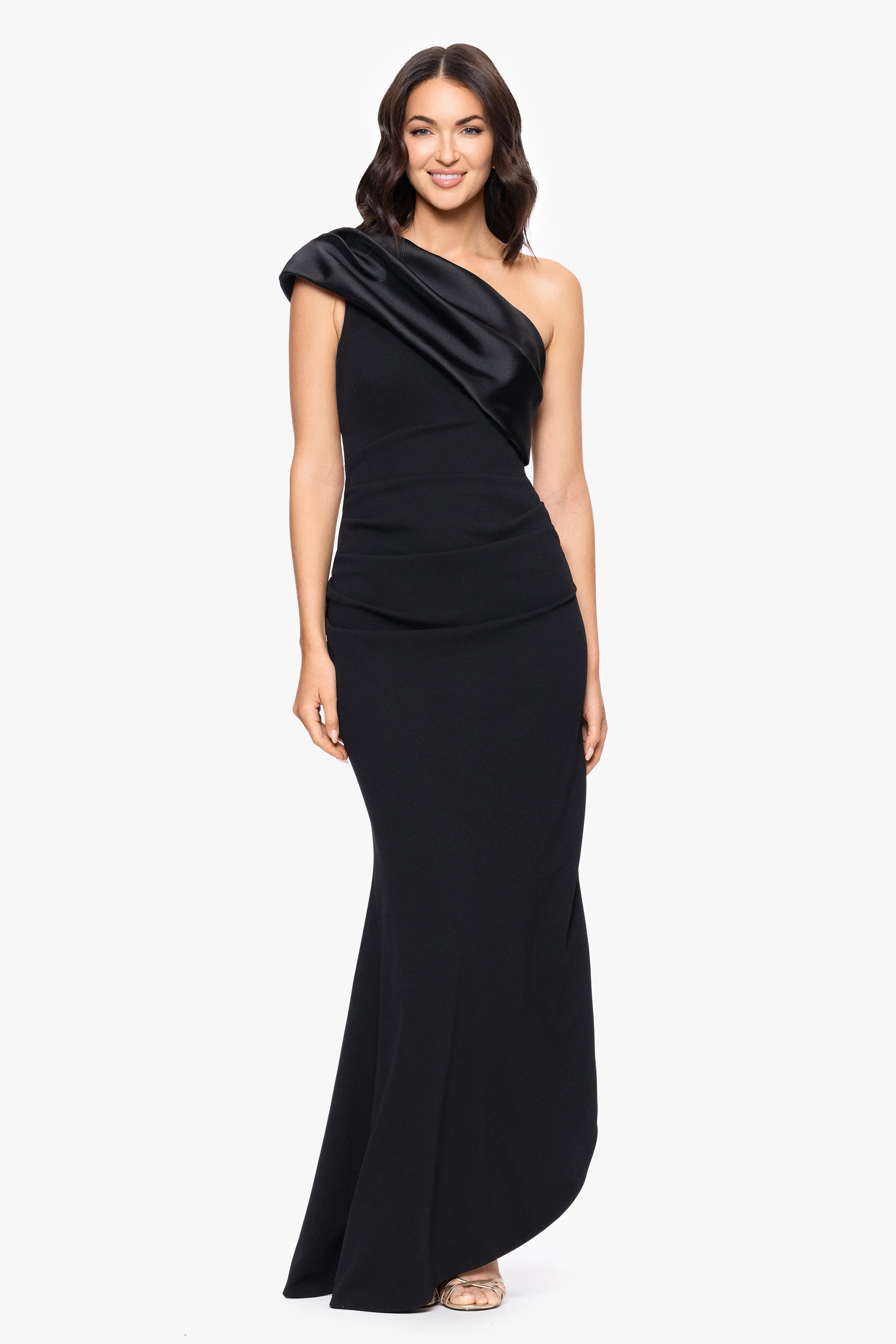 "Belinda" Scuba Crepe Drop Shoulder Satin Banded Neckline Floor Length Dress sold by Betsy & Adam product image thumbnail 5