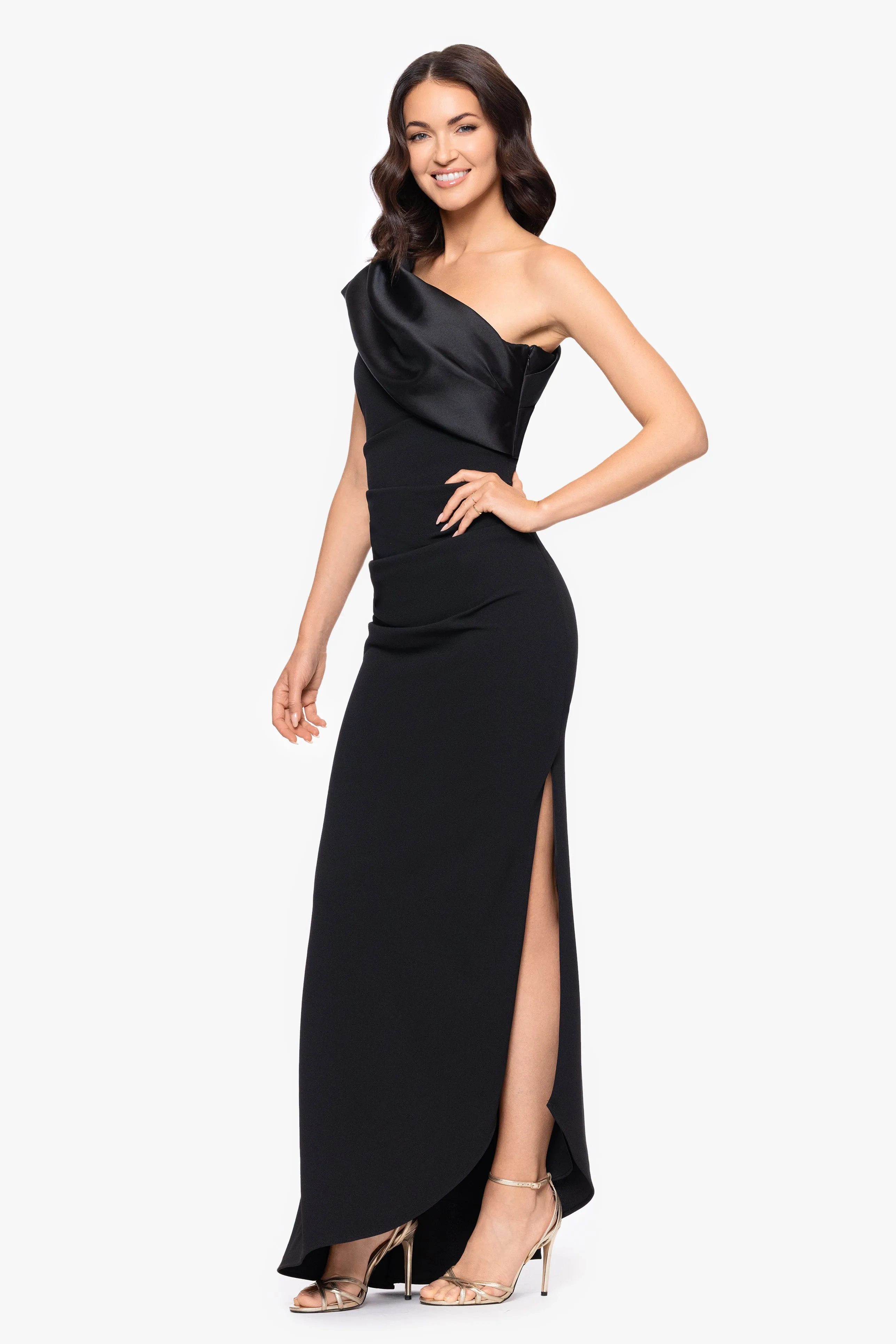 "Belinda" Scuba Crepe Drop Shoulder Satin Banded Neckline Floor Length Dress sold by Betsy & Adam product image thumbnail 4