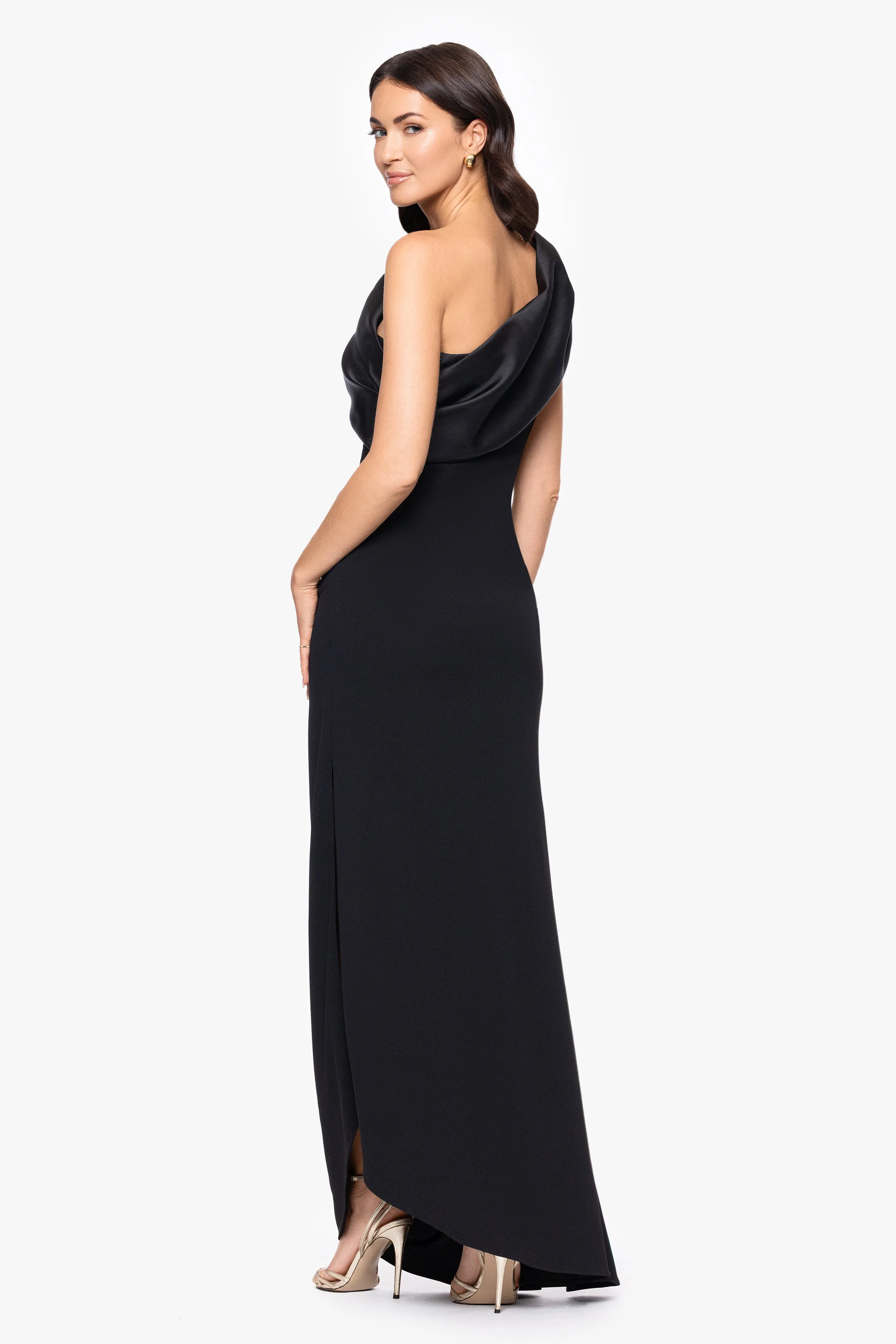 "Belinda" Scuba Crepe Drop Shoulder Satin Banded Neckline Floor Length Dress sold by Betsy & Adam product image thumbnail 3
