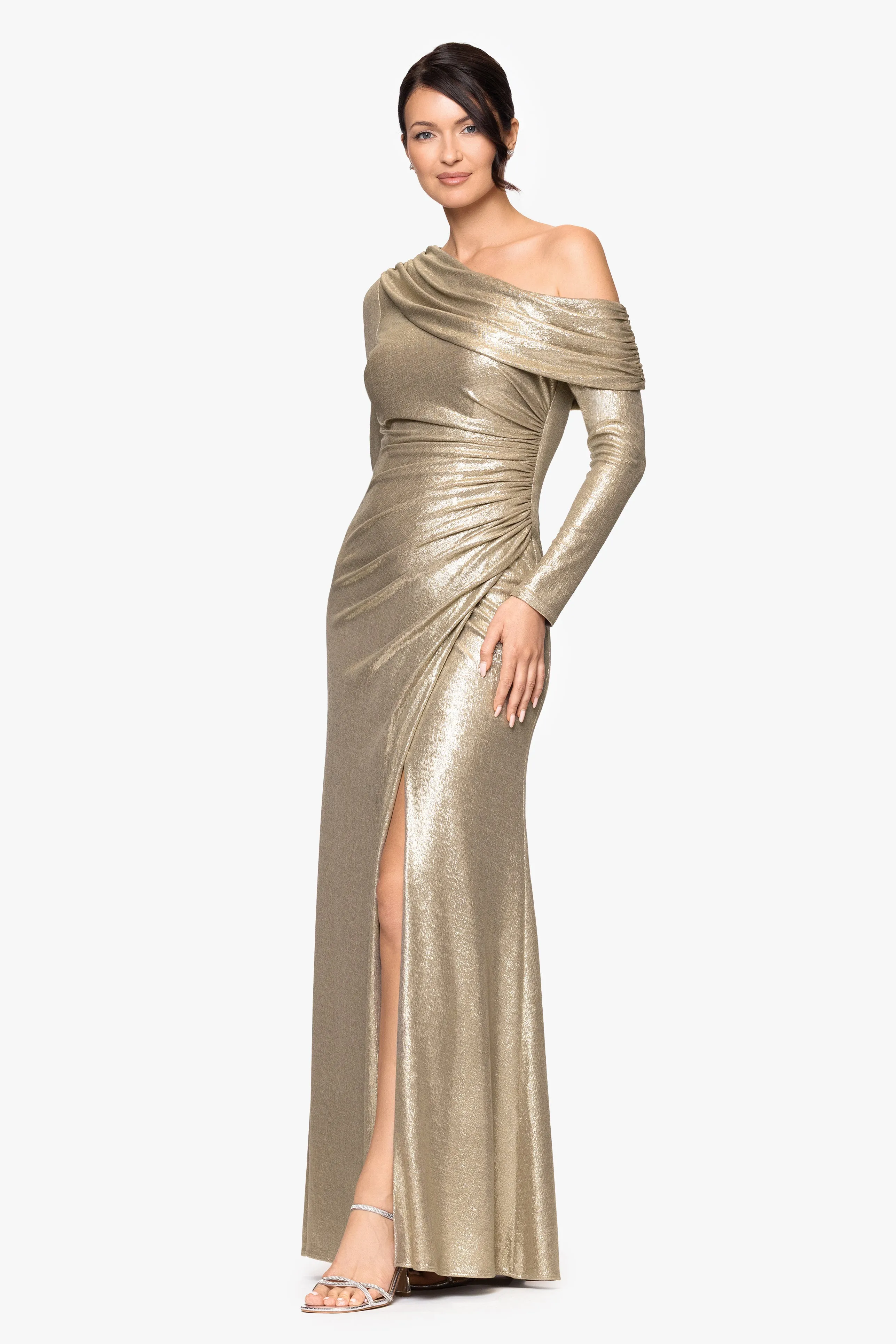 "Lola" Metallic Drop Shoulder Long Sleeve Floor Length Dress sold by Betsy & Adam product image thumbnail 4