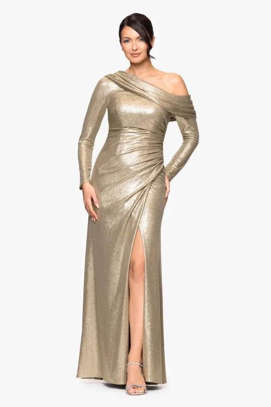 "Lola" Metallic Drop Shoulder Long Sleeve Floor Length Dress sold by Betsy & Adam