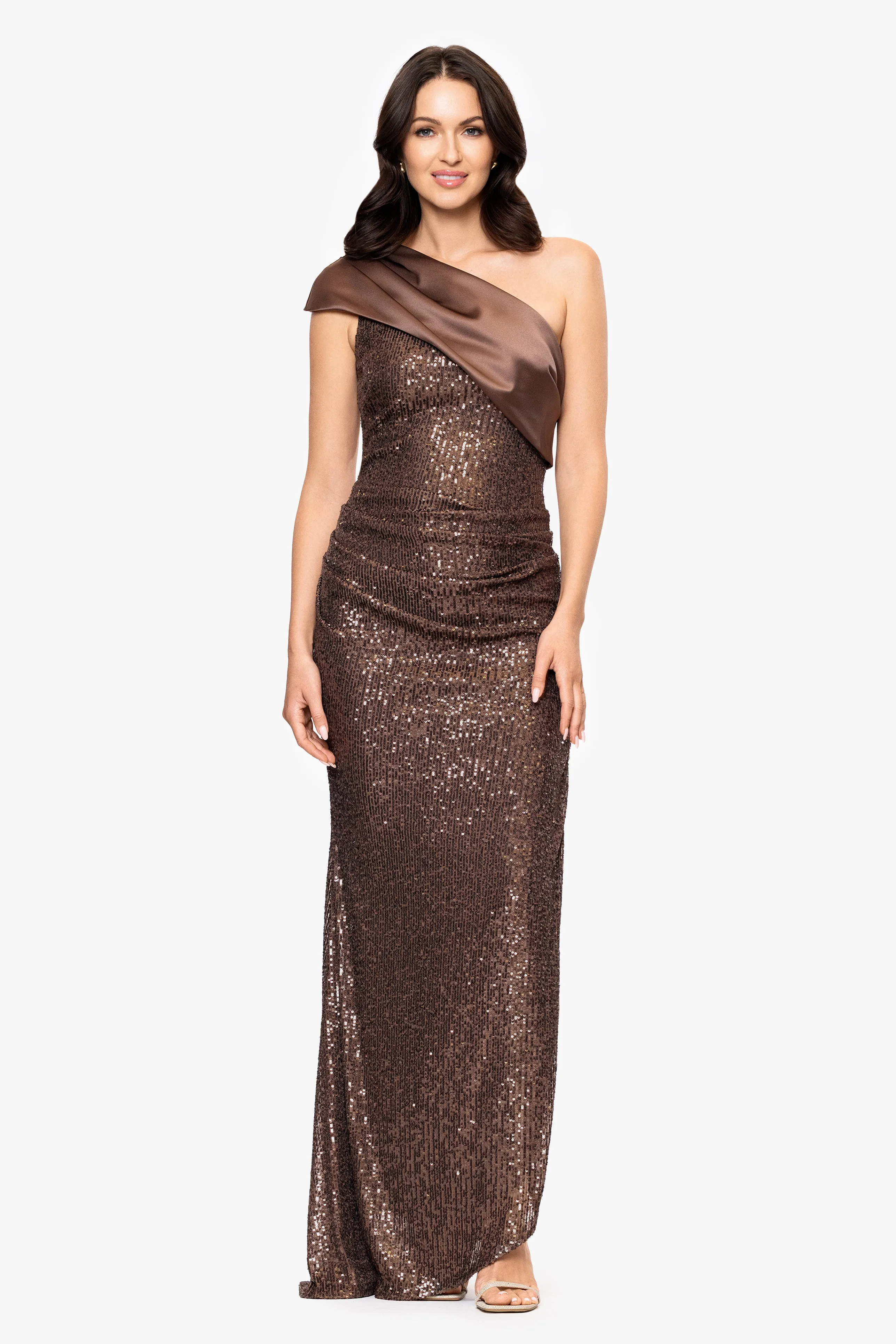 "Jillian" Sequin One Shoulder Satin Neckline Floor Length Dress sold by Betsy & Adam