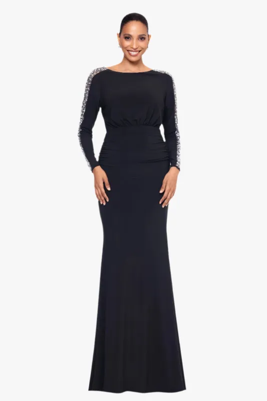Petite "Ria" Jersey Knit Beaded Long Sleeve Floor Length Dress sold by Betsy & Adam