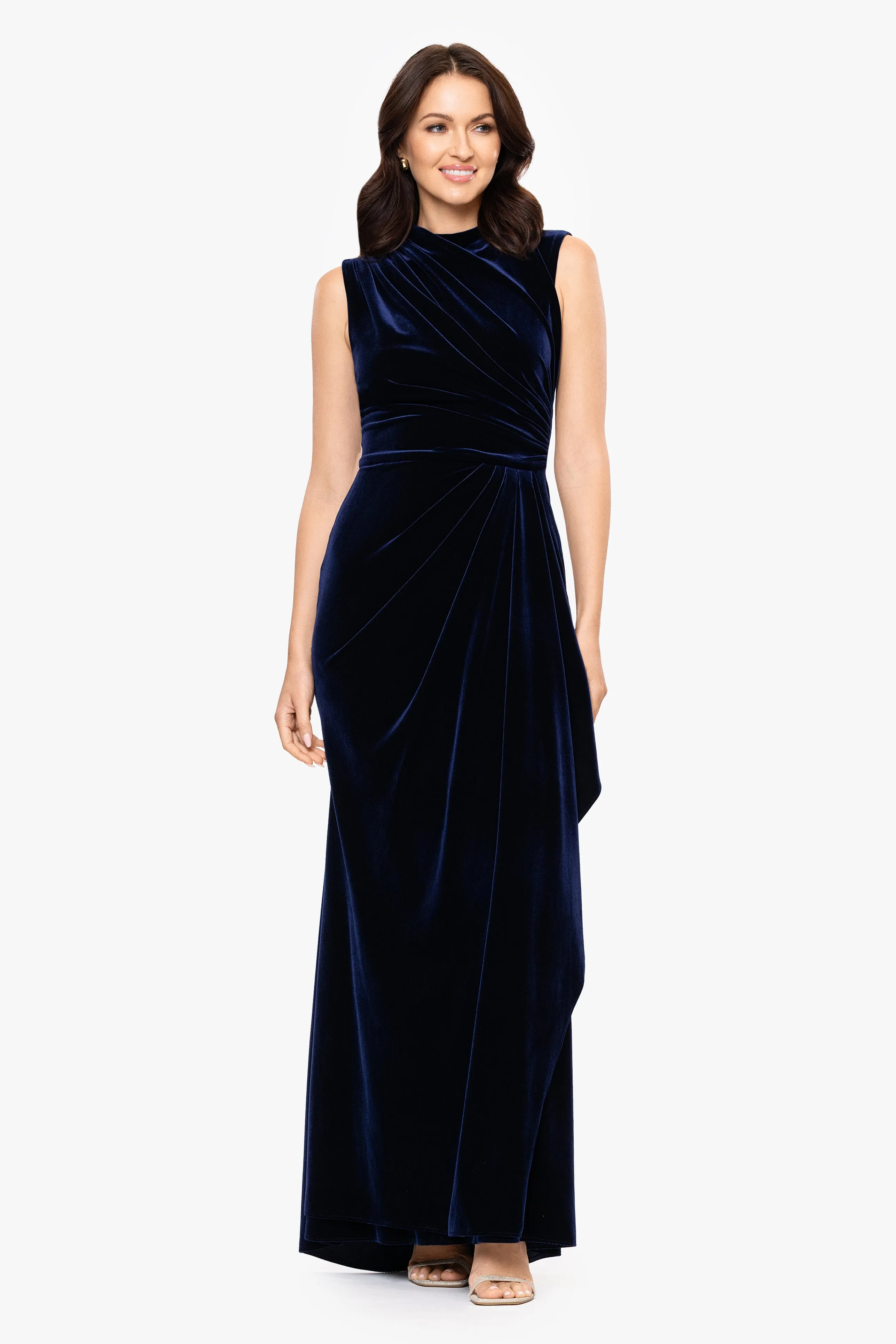 "Fran" Velvet Side Rouched Drape High Neck Floor Length Dress sold by Betsy & Adam