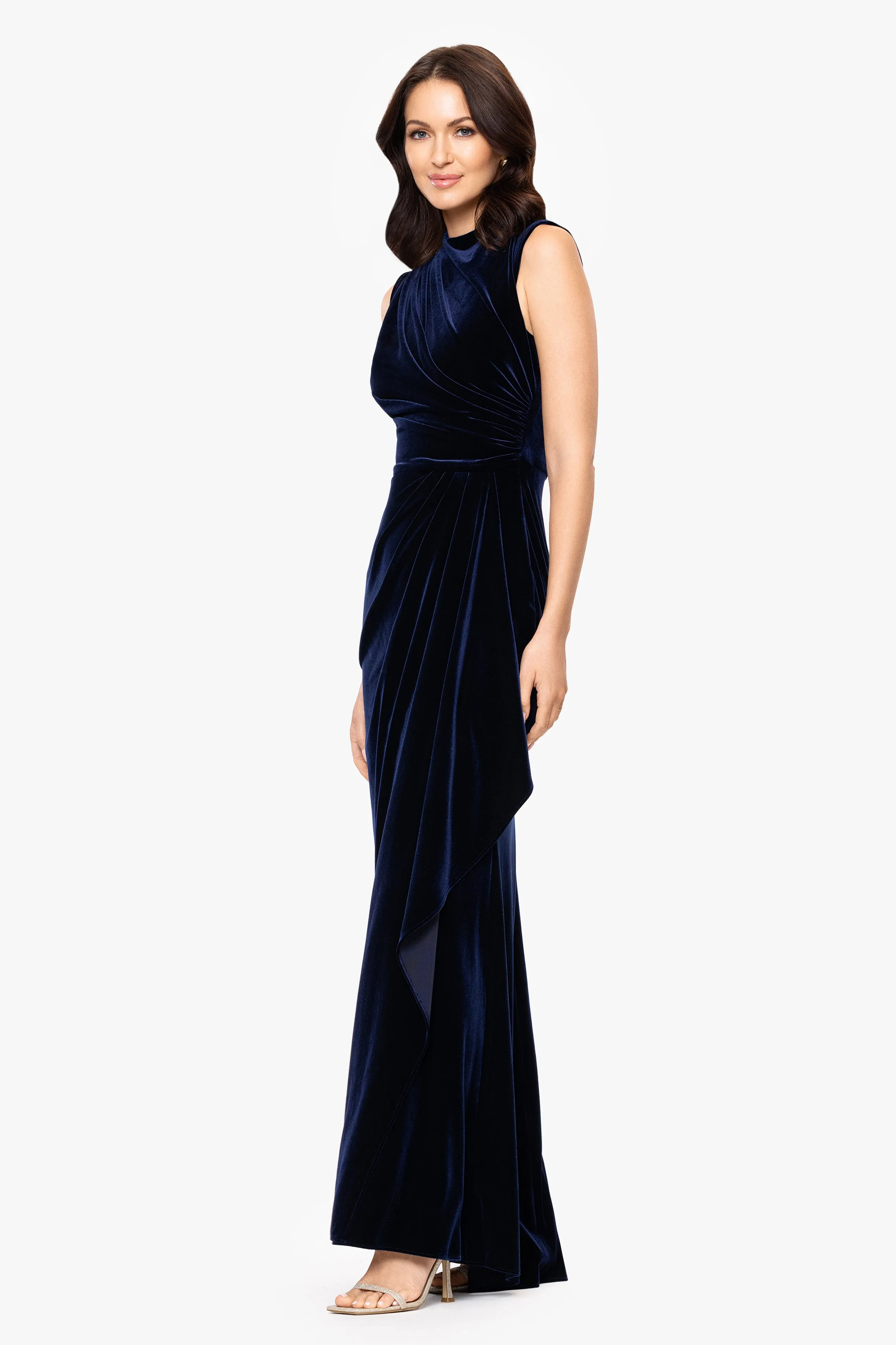 "Fran" Velvet Side Rouched Drape High Neck Floor Length Dress sold by Betsy & Adam product image thumbnail 4