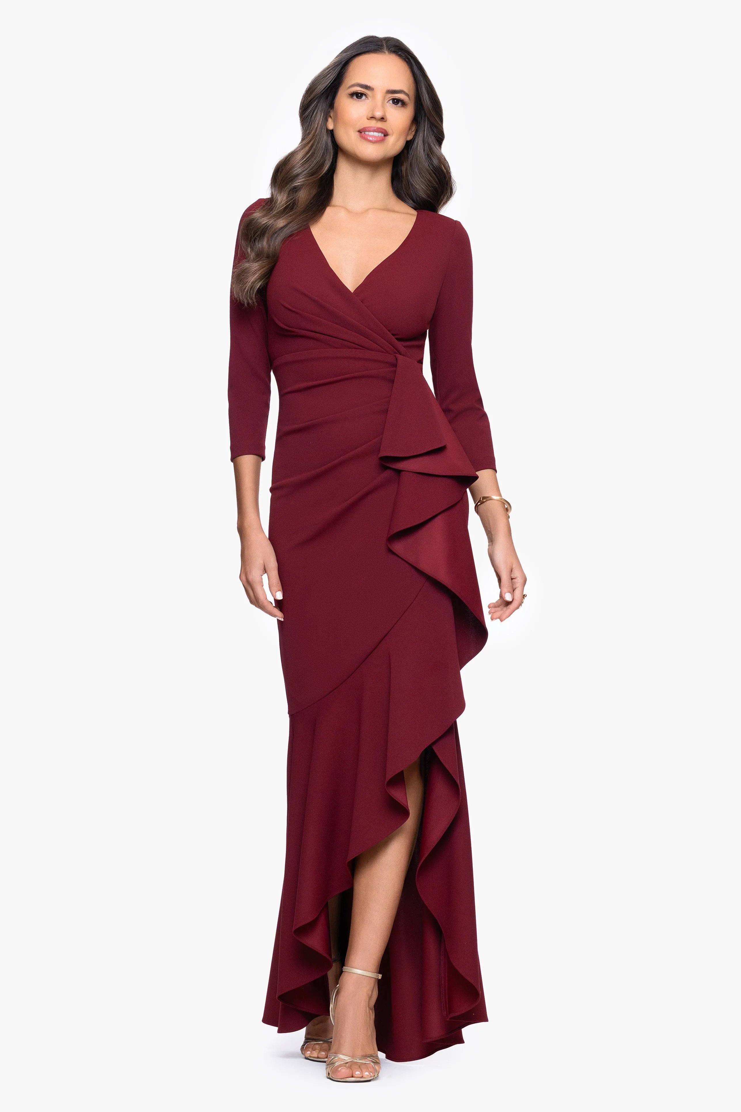 "Pauline" Scuba Crepe 3/4 Sleeve Ruffle Floor Length Dress sold by Betsy & Adam product image thumbnail 5