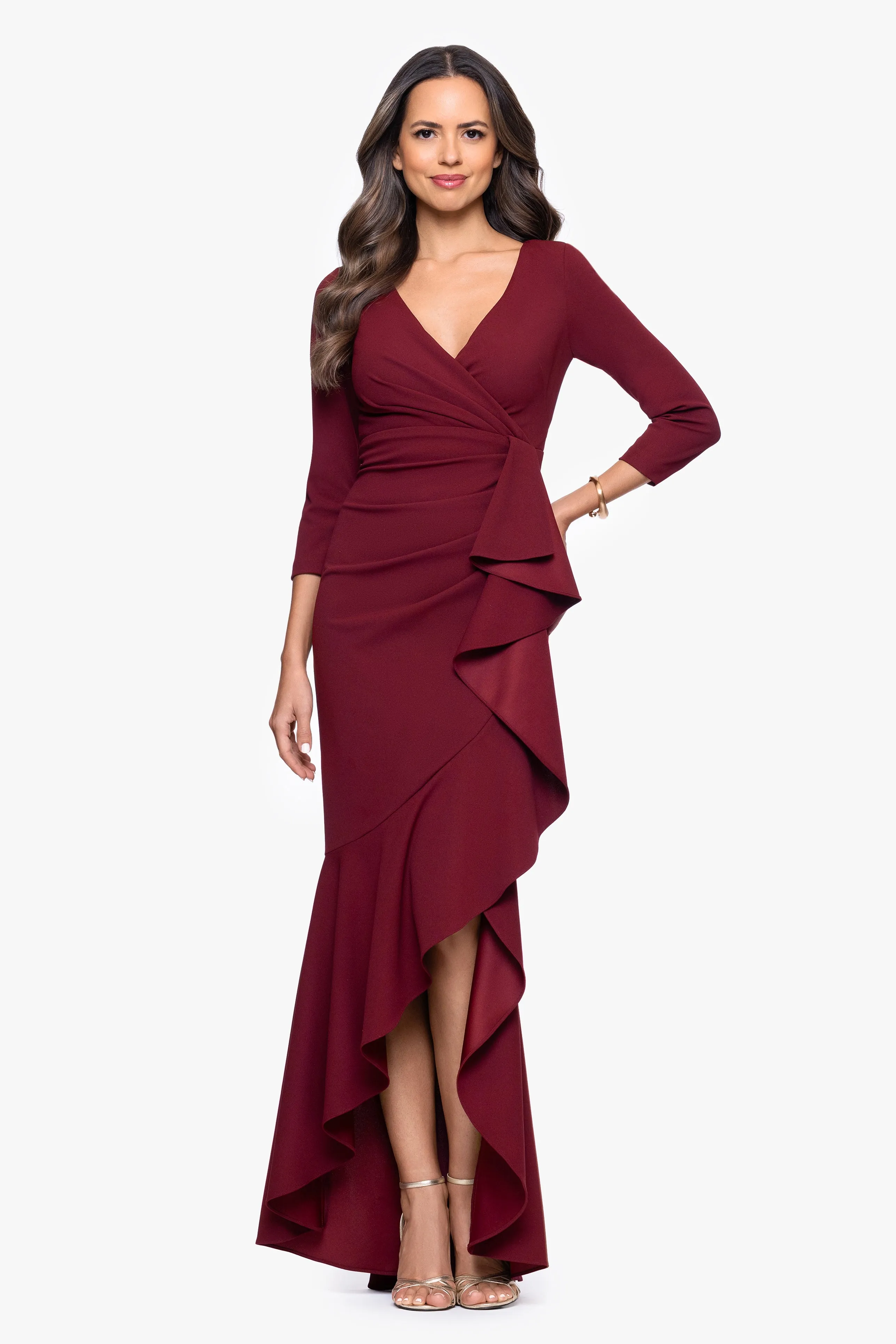 "Pauline" Scuba Crepe 3/4 Sleeve Ruffle Floor Length Dress sold by Betsy & Adam