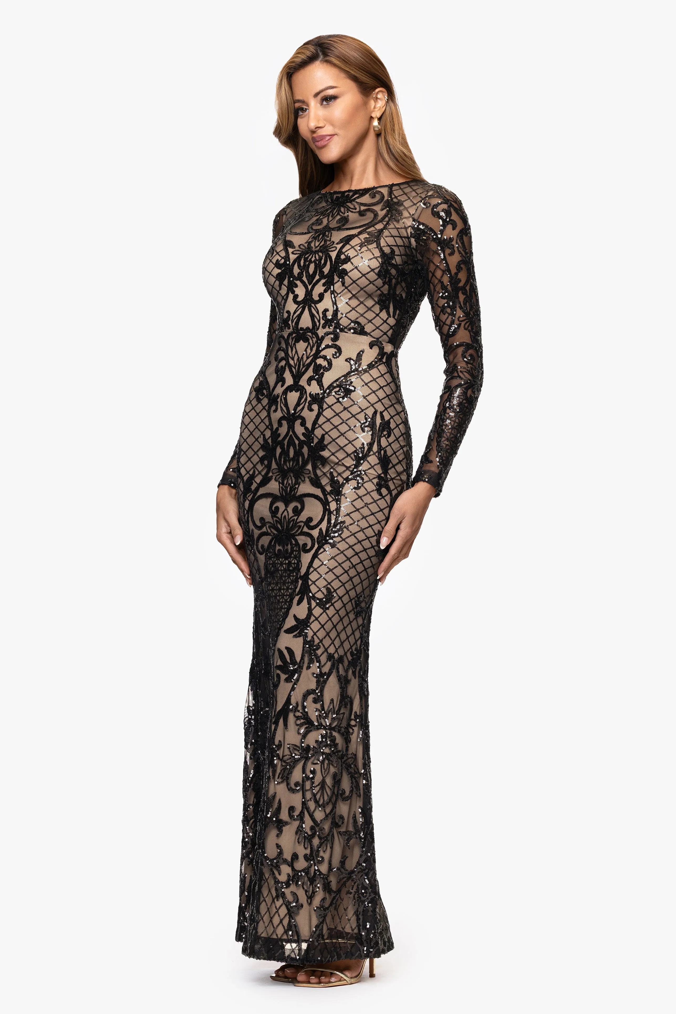 "Brianna" Sequin Placement Long Sleeve Floor Length Dress sold by Betsy & Adam product image thumbnail 4