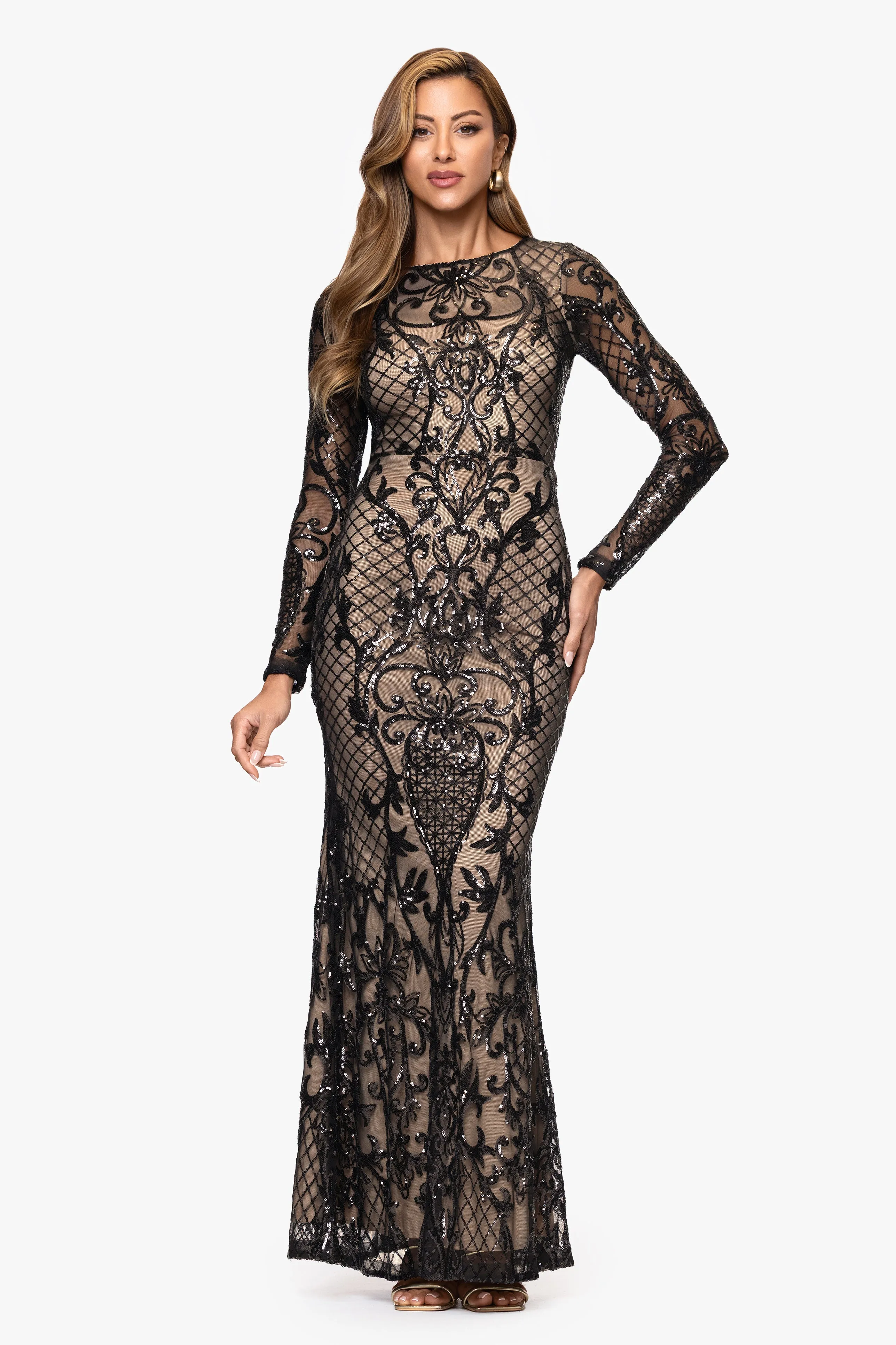 "Brianna" Sequin Placement Long Sleeve Floor Length Dress sold by Betsy & Adam