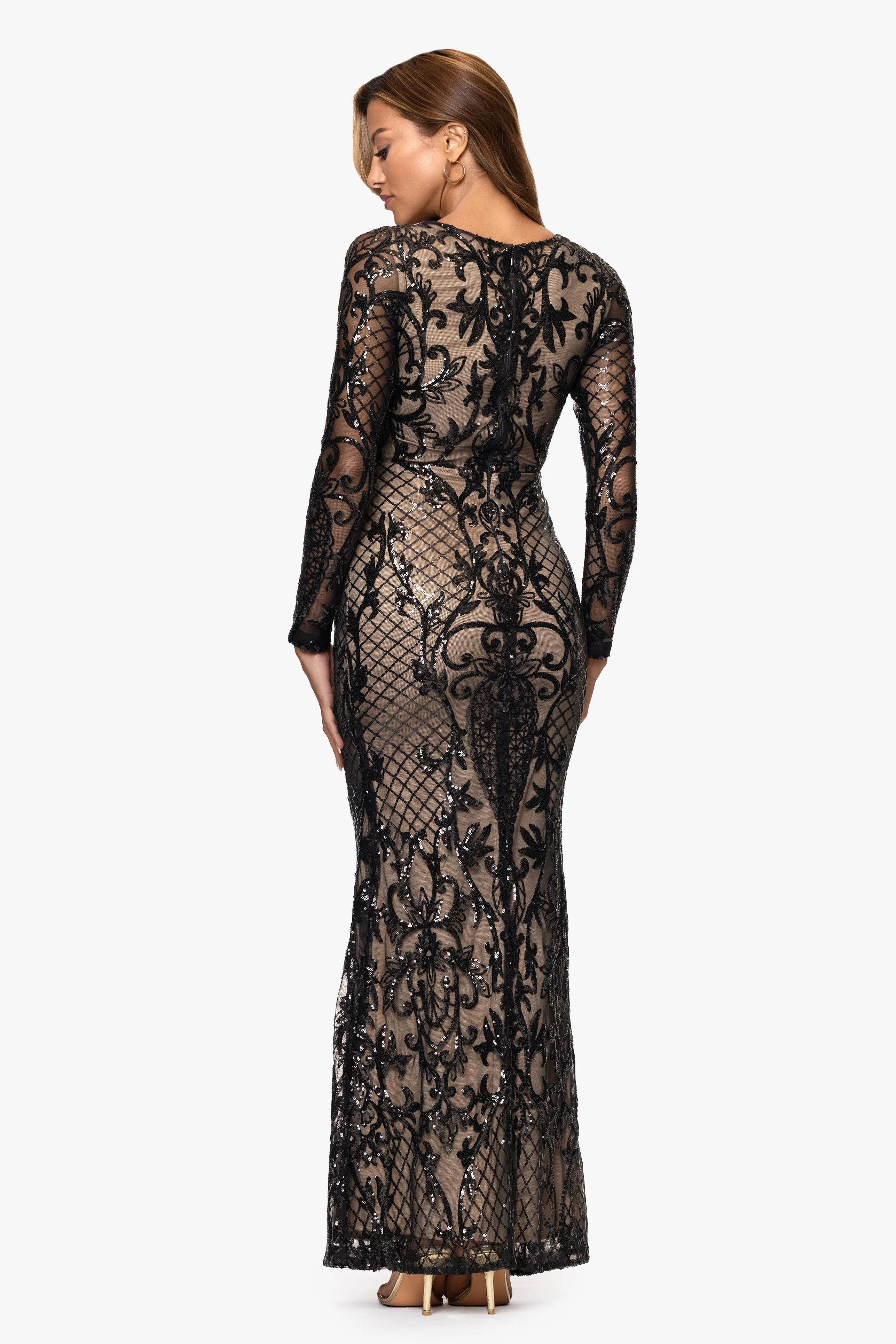 "Brianna" Sequin Placement Long Sleeve Floor Length Dress sold by Betsy & Adam product image thumbnail 3