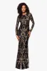 Petite "Nara" Long Sleeve Sequin Placement Gown sold by Betsy & Adam