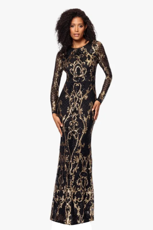 Petite "Nara" Long Sleeve Sequin Placement Gown sold by Betsy & Adam