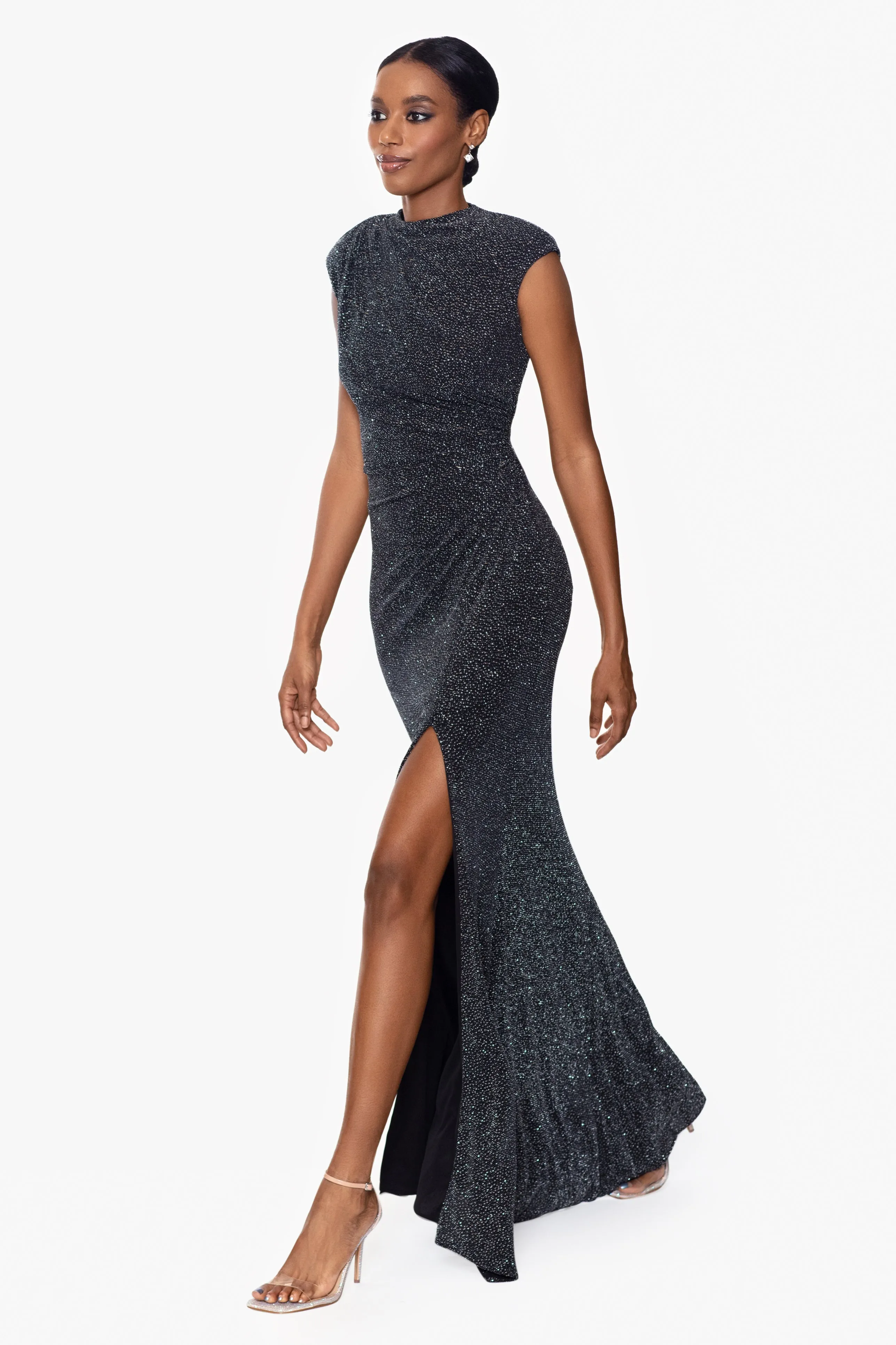 "Deandra" Puff Glitter Cap Sleeve Floor Length Dress sold by Betsy & Adam product image thumbnail 3