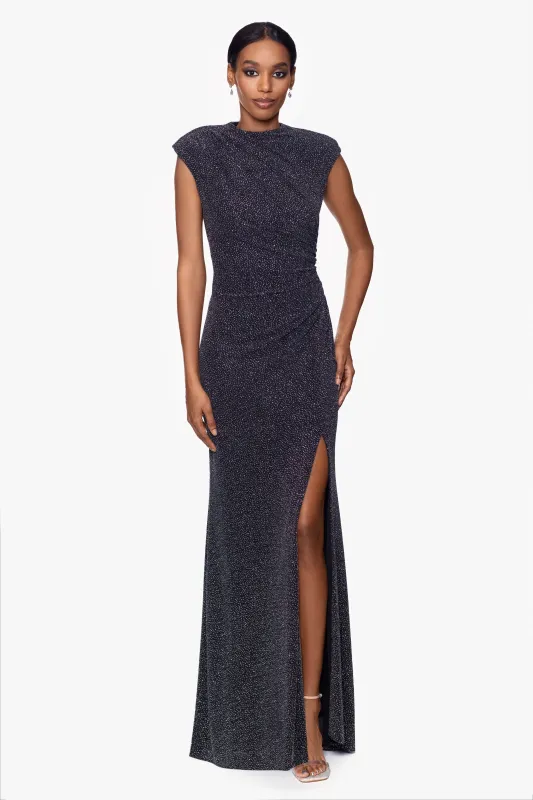 "Deandra" Puff Glitter Cap Sleeve Floor Length Dress sold by Betsy & Adam