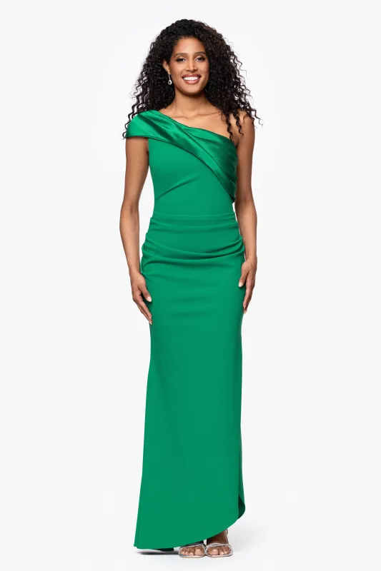 "Belinda" Scuba Crepe Drop Shoulder Satin Banded Neckline Floor Length Dress made by Betsy & Adam