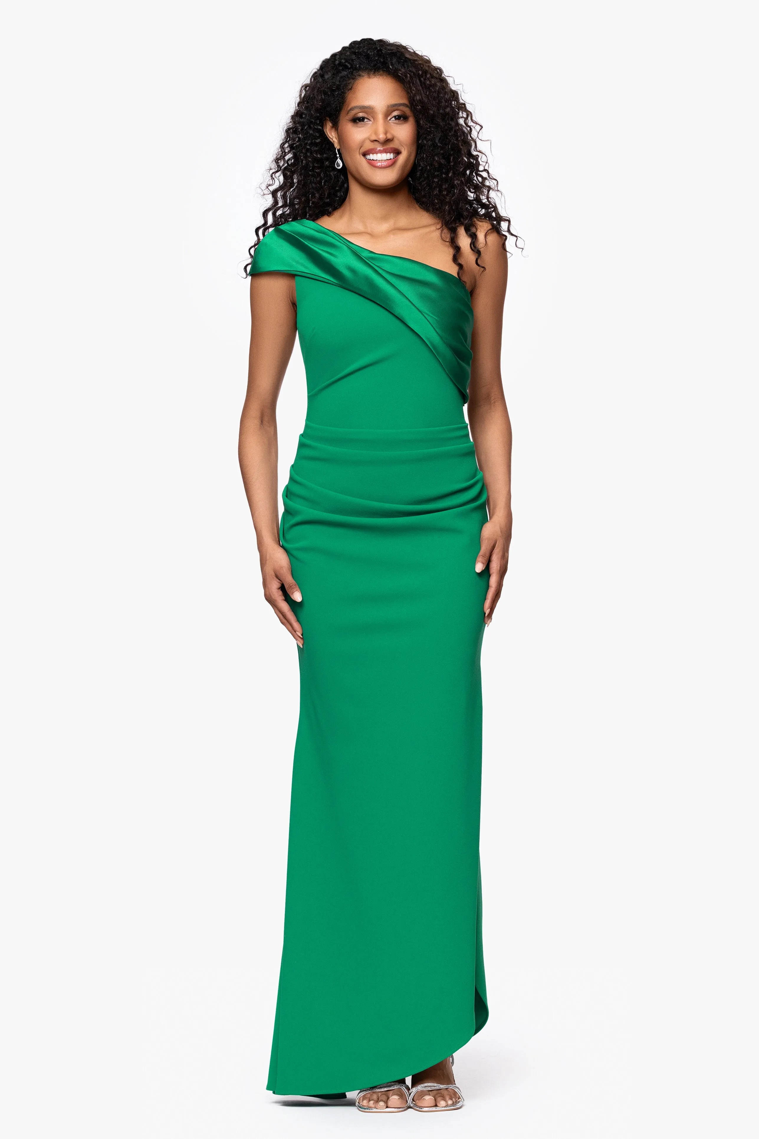 "Belinda" Scuba Crepe Drop Shoulder Satin Banded Neckline Floor Length Dress sold by Betsy & Adam