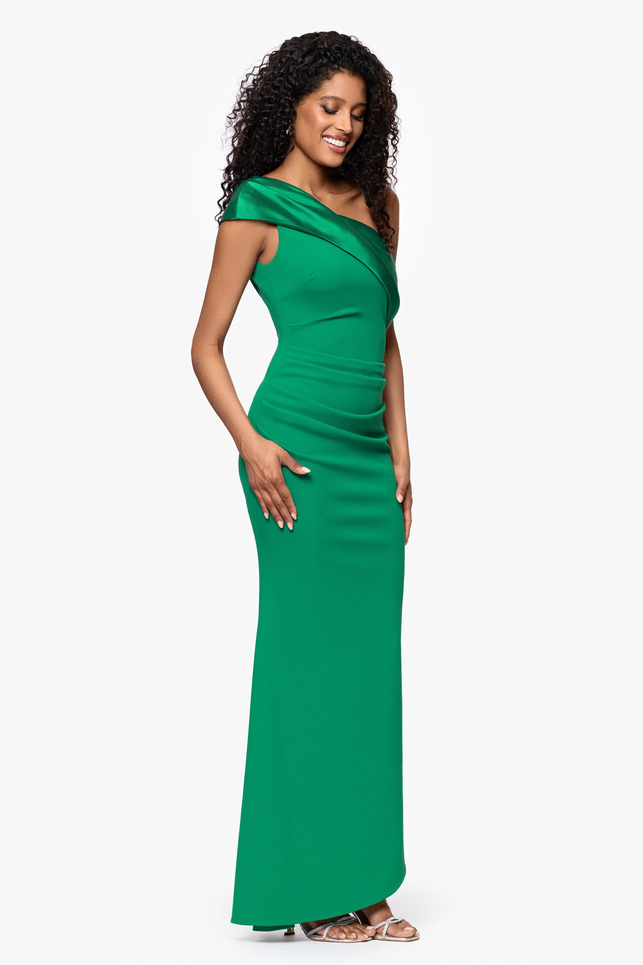 "Belinda" Scuba Crepe Drop Shoulder Satin Banded Neckline Floor Length Dress sold by Betsy & Adam product image thumbnail 4