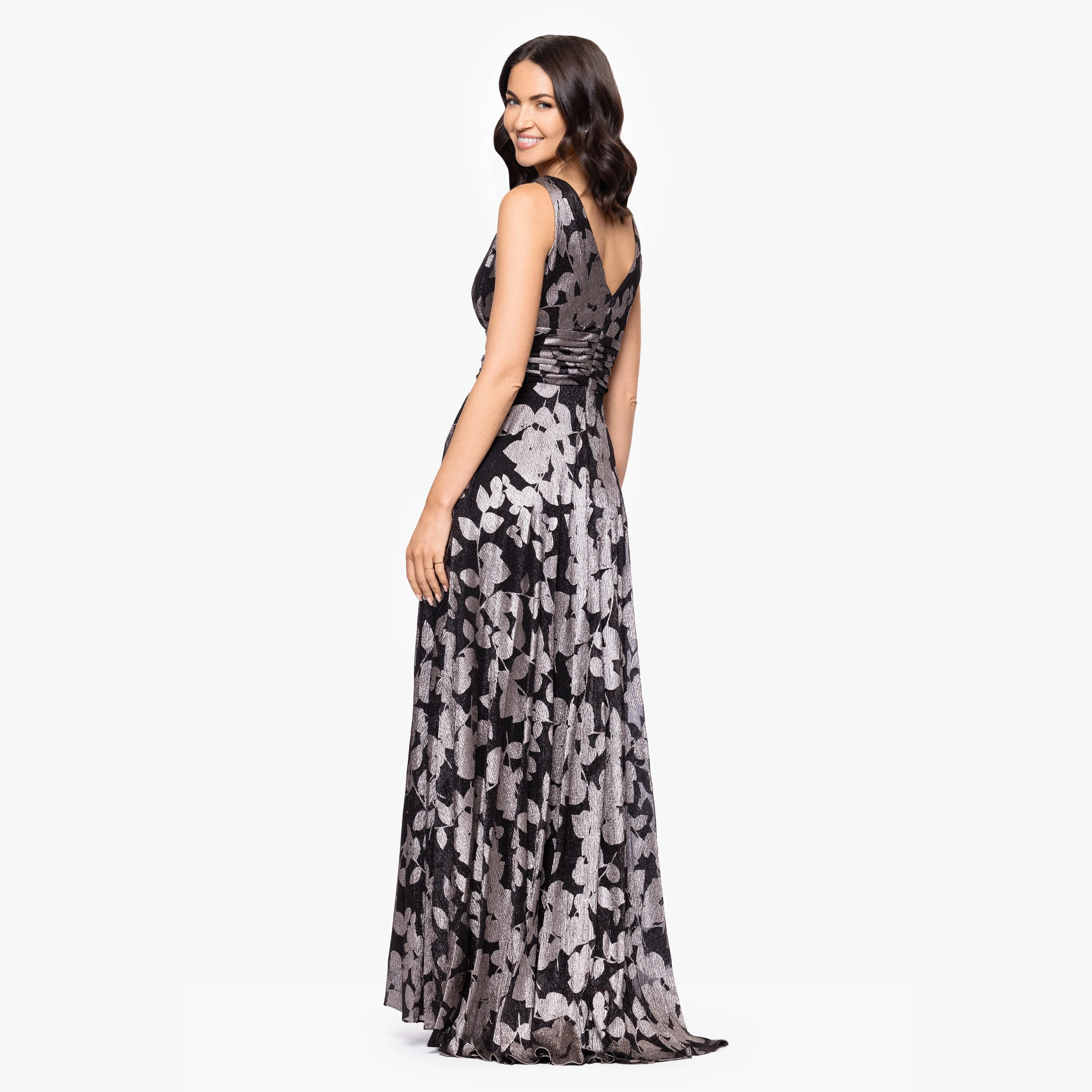 "Quinly" Metallic Foil V-Neck Flowy Floor Length Dress sold by Betsy & Adam product image thumbnail 3