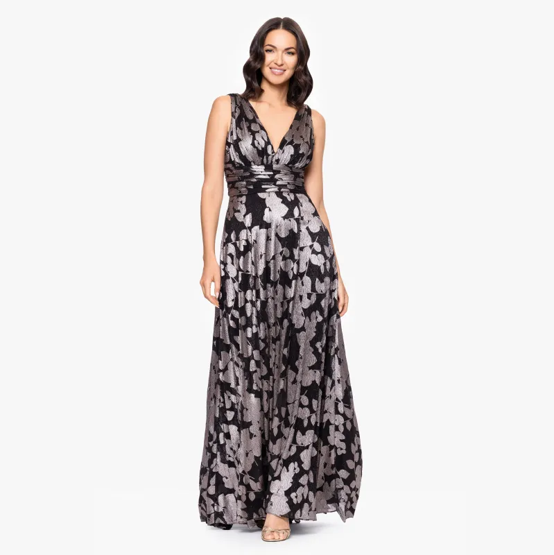 "Quinly" Metallic Foil V-Neck Flowy Floor Length Dress sold by Betsy & Adam
