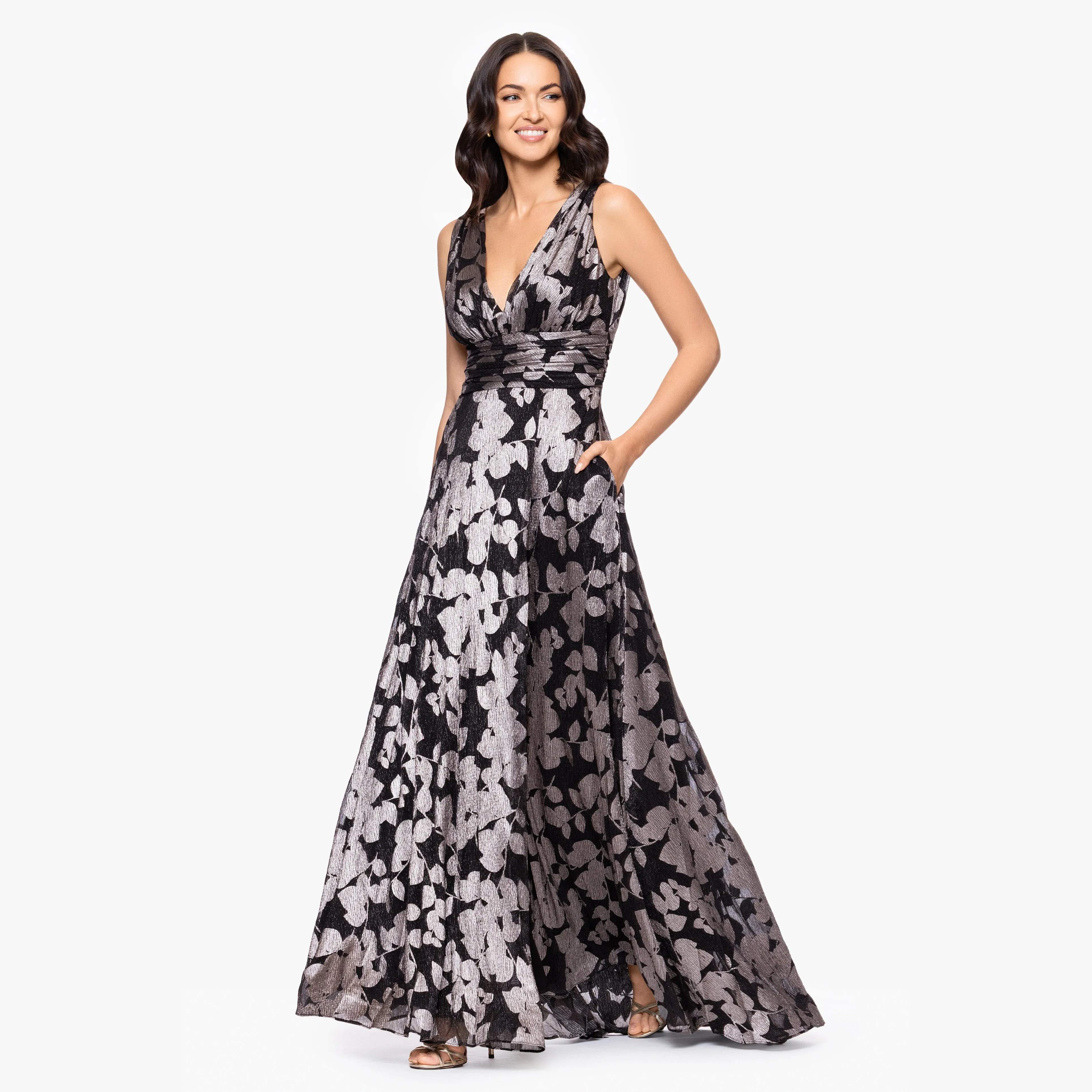 "Quinly" Metallic Foil V-Neck Flowy Floor Length Dress sold by Betsy & Adam product image thumbnail 4