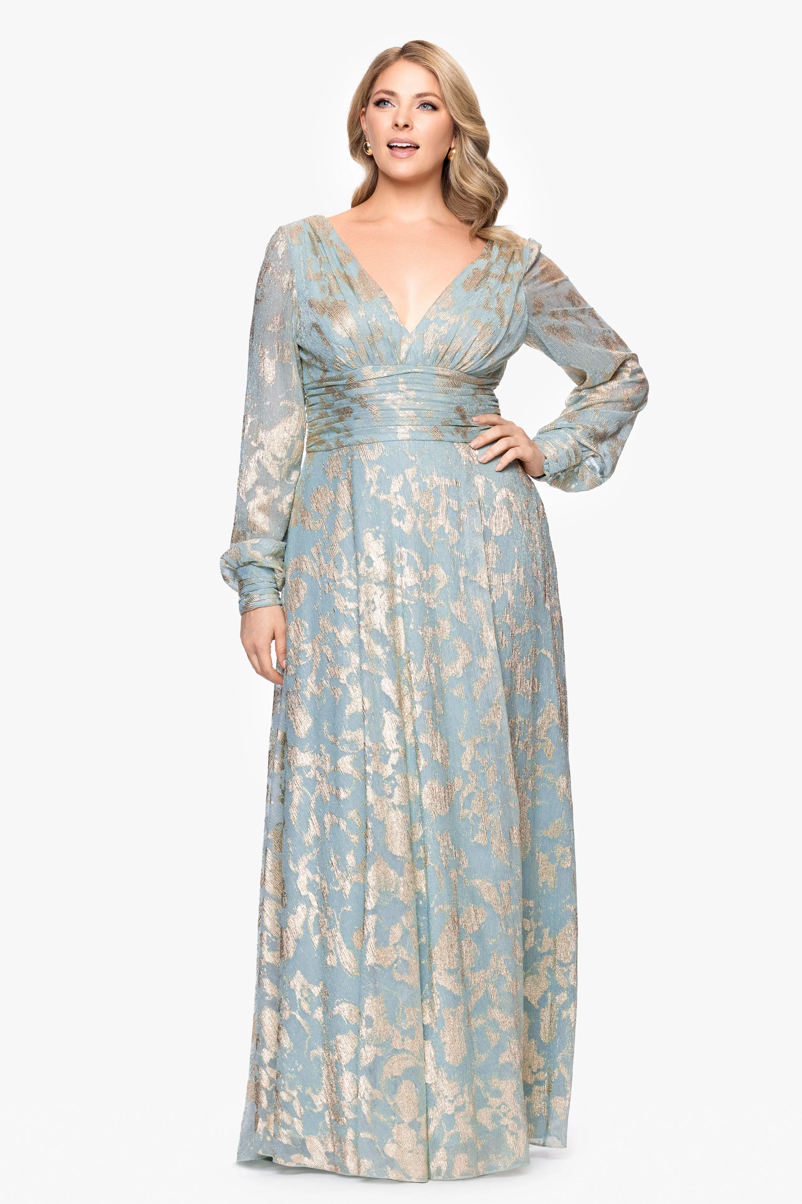 Plus "Melanie" Foil Knit V-Neck Long Sleeve Floor Length Dress sold by Betsy & Adam product image thumbnail 4