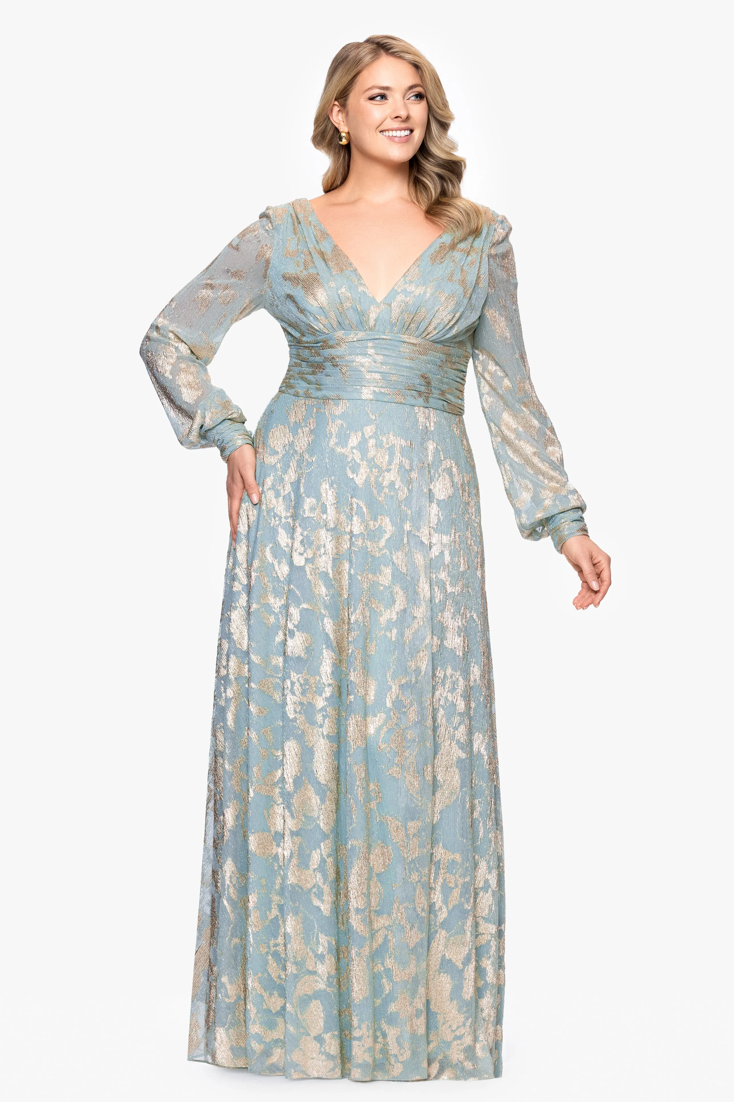 Plus "Melanie" Foil Knit V-Neck Long Sleeve Floor Length Dress sold by Betsy & Adam