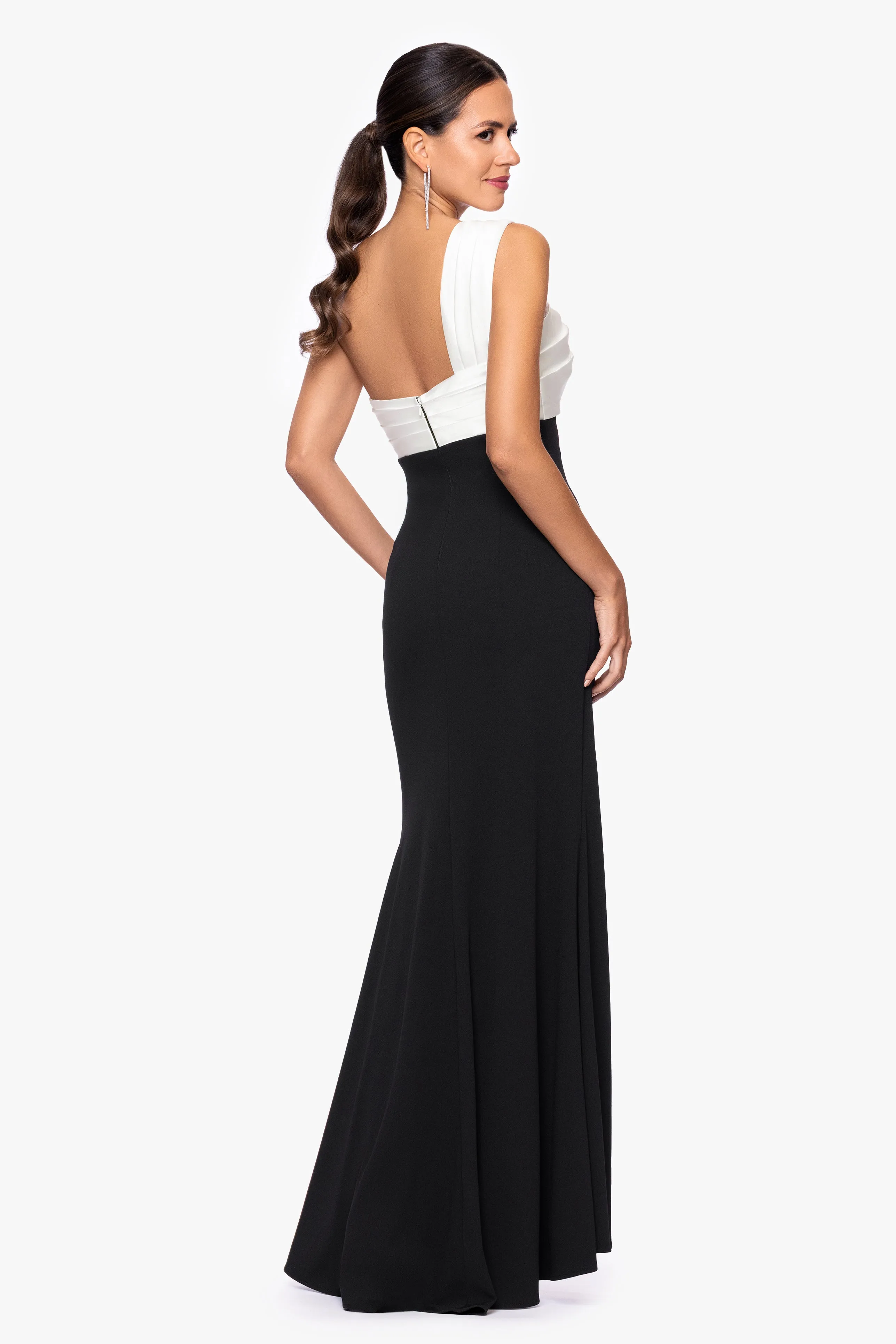 "Clarke" Scuba Crepe and Satin One Shoulder Floor Length Dress sold by Betsy & Adam product image thumbnail 3