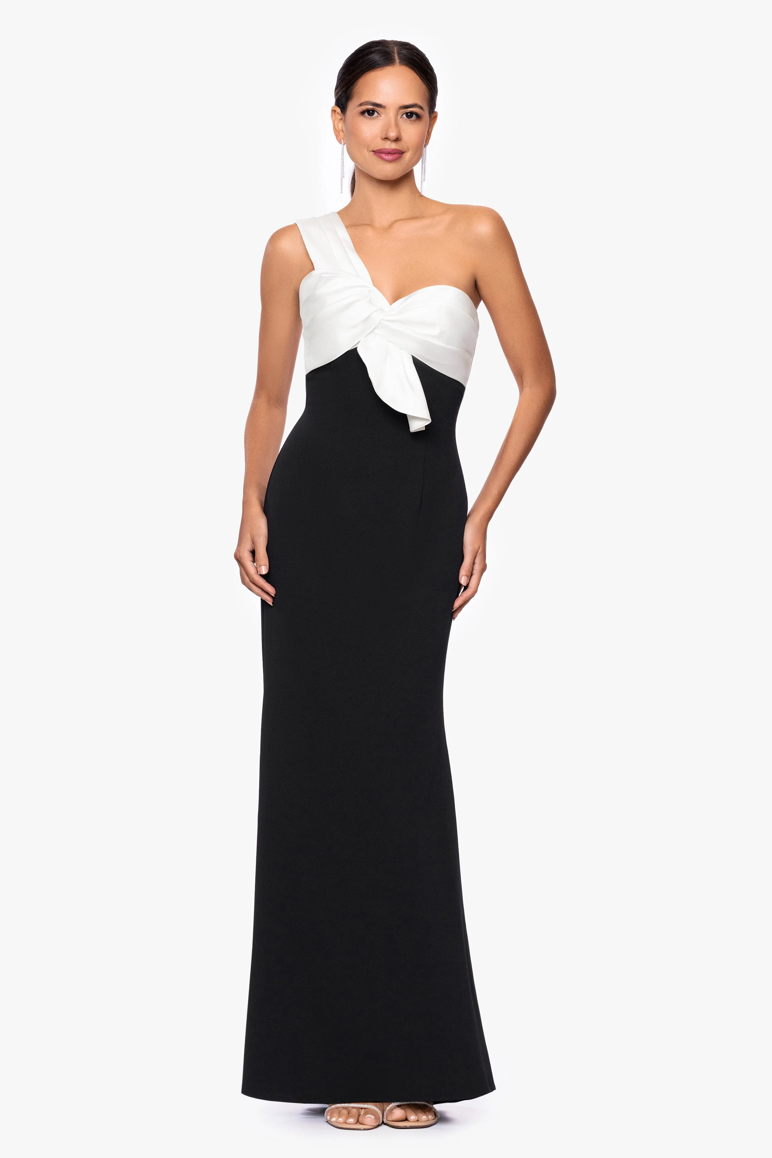 "Clarke" Scuba Crepe and Satin One Shoulder Floor Length Dress sold by Betsy & Adam