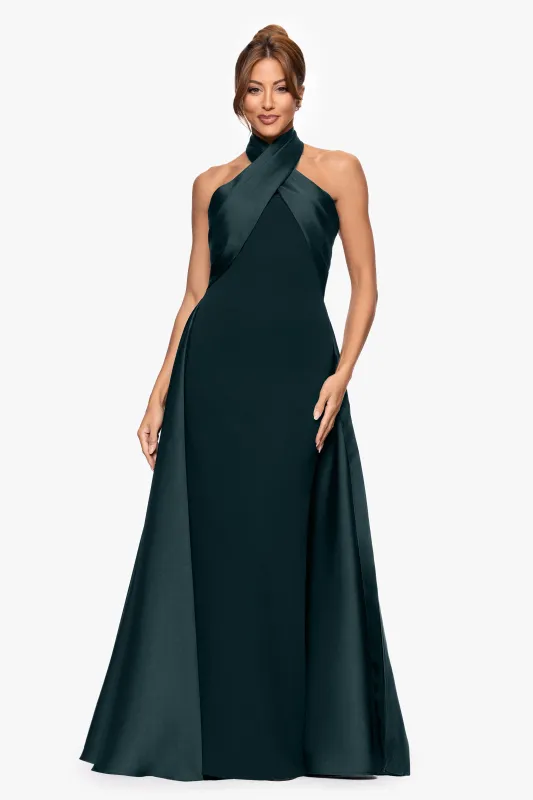"Dina" Scuba Crepe Twist Halter Neck Floor Length Gown sold by Betsy & Adam