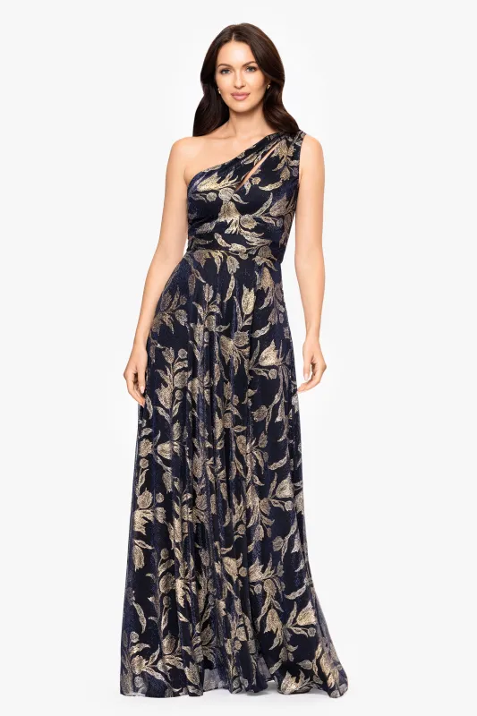 "Vivianna" Metallic Print One Shoulder Floor Length Dress sold by Betsy & Adam