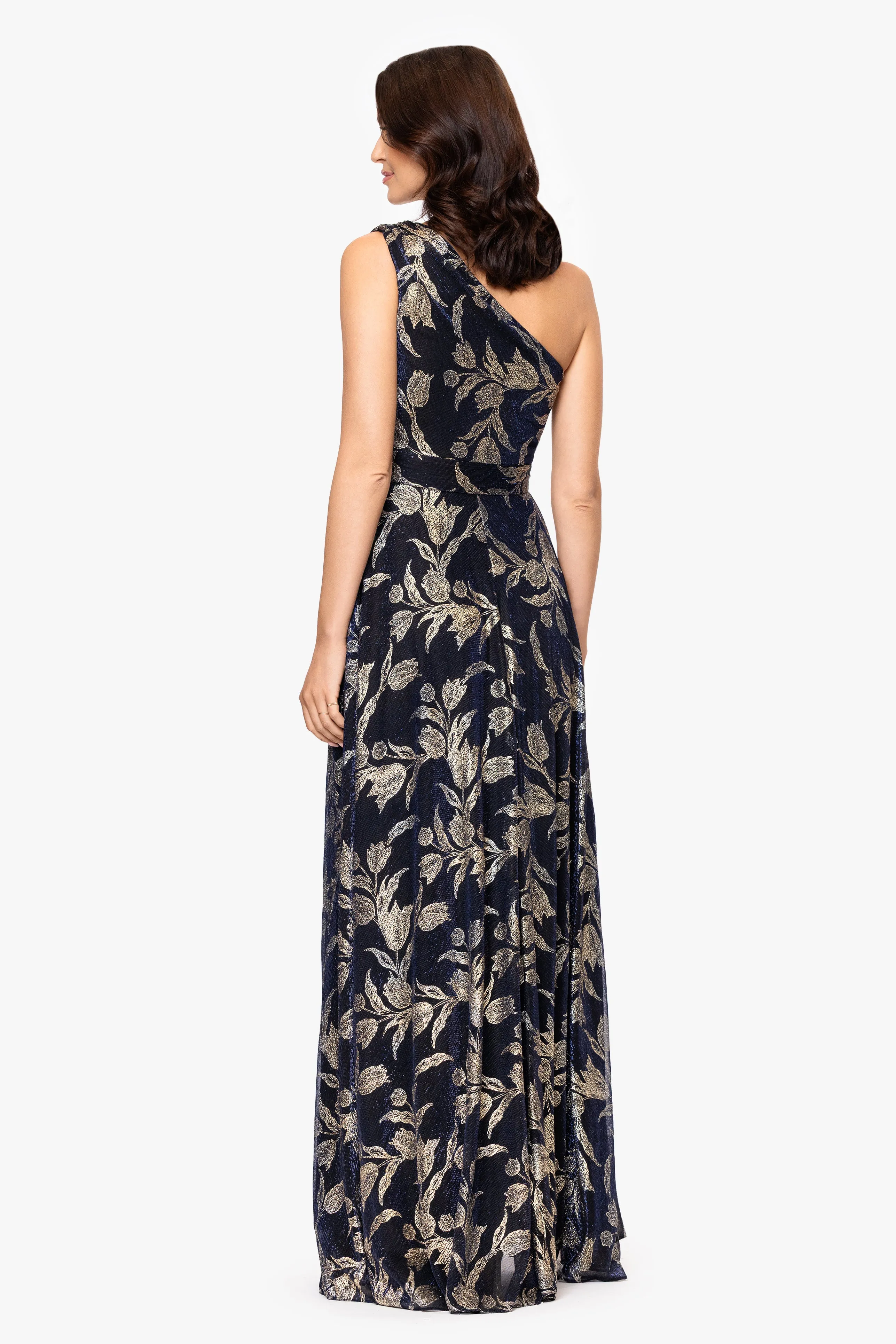 "Vivianna" Metallic Print One Shoulder Floor Length Dress sold by Betsy & Adam product image thumbnail 3