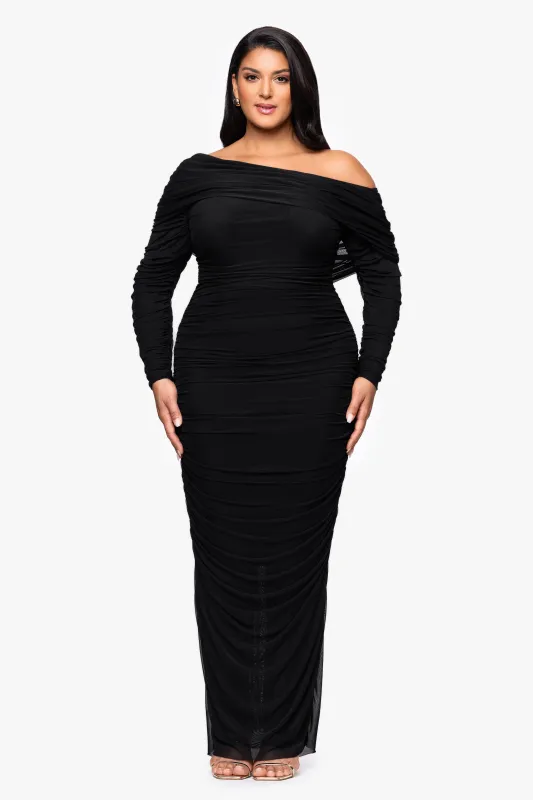 Plus "Hannah" Mesh Rouching Drop Shoulder Long Sleeve Dress sold by Betsy & Adam