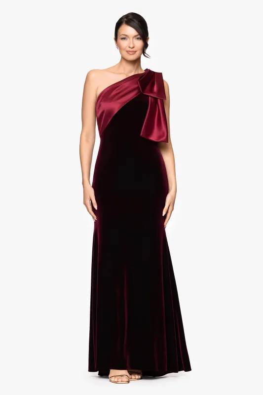 "Elena" Velvet One Shoulder Satin Bow Neckline Floor Length Dress sold by Betsy & Adam