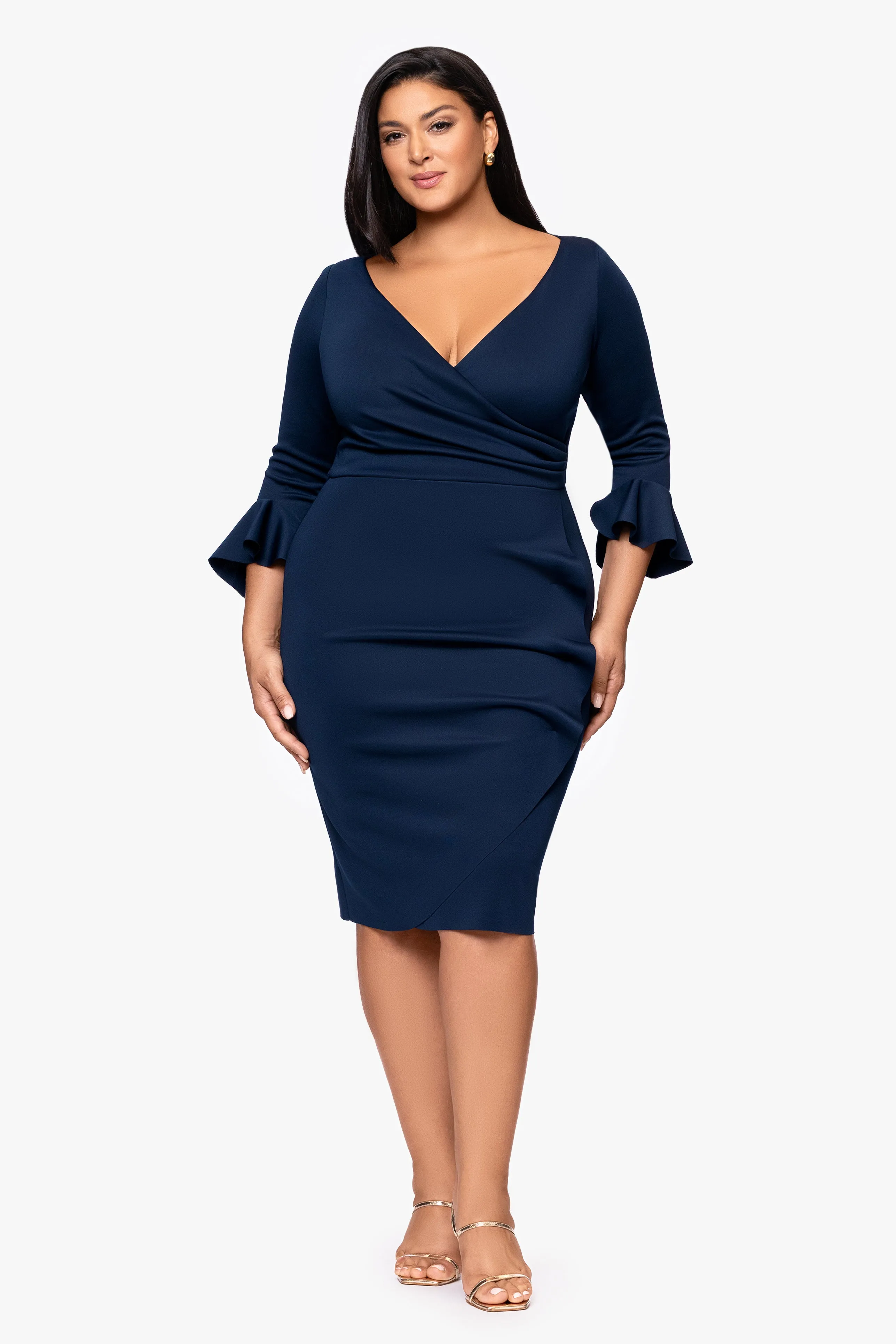 Plus "Maddison" Techno Scuba Bell Sleeve Knee Length Dress sold by Betsy & Adam