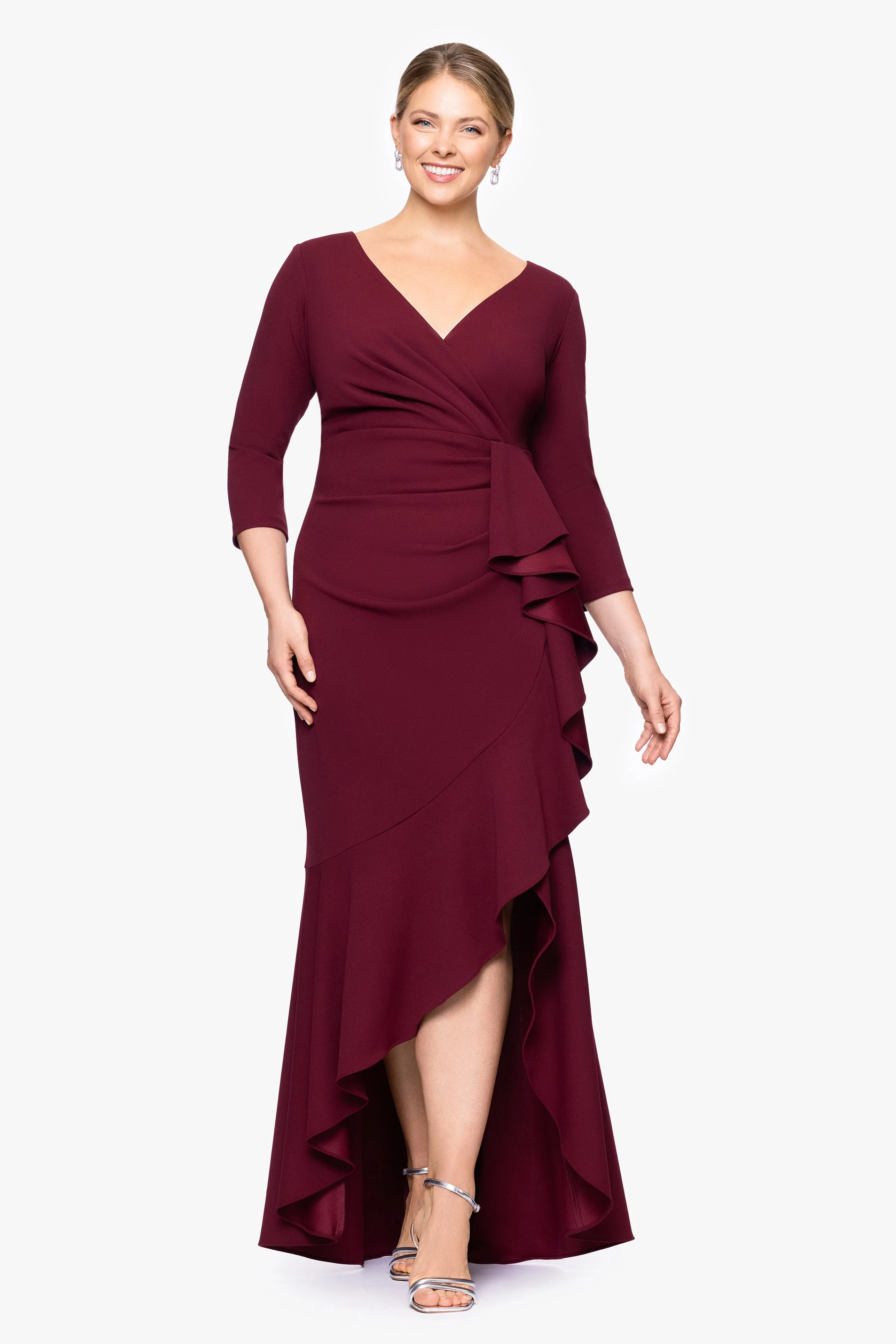 Plus "Pauline" Scuba Crepe 3/4 Sleeve Ruffle Floor Length Dress sold by Betsy & Adam product image thumbnail 5