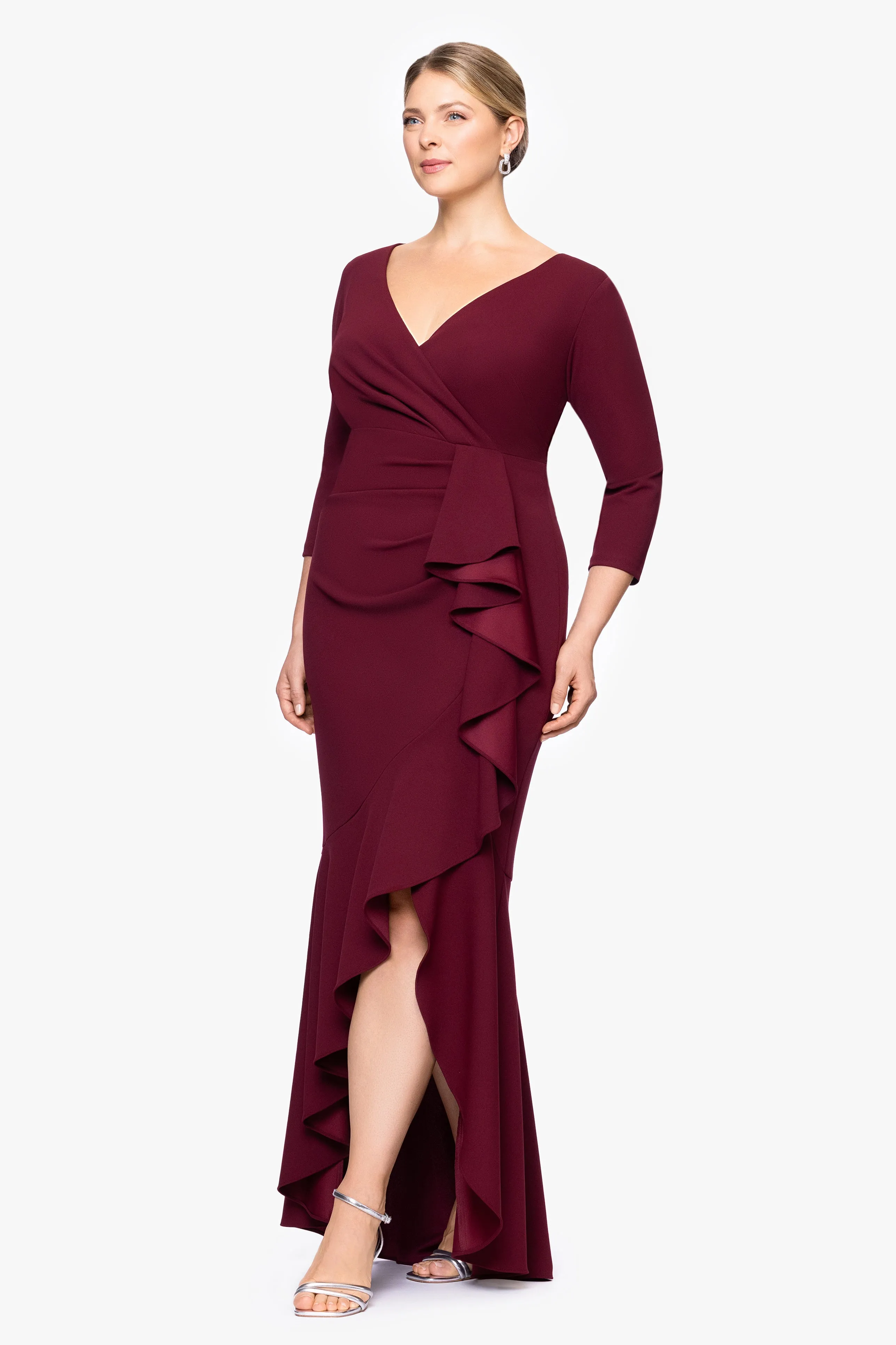 Plus "Pauline" Scuba Crepe 3/4 Sleeve Ruffle Floor Length Dress sold by Betsy & Adam product image thumbnail 4