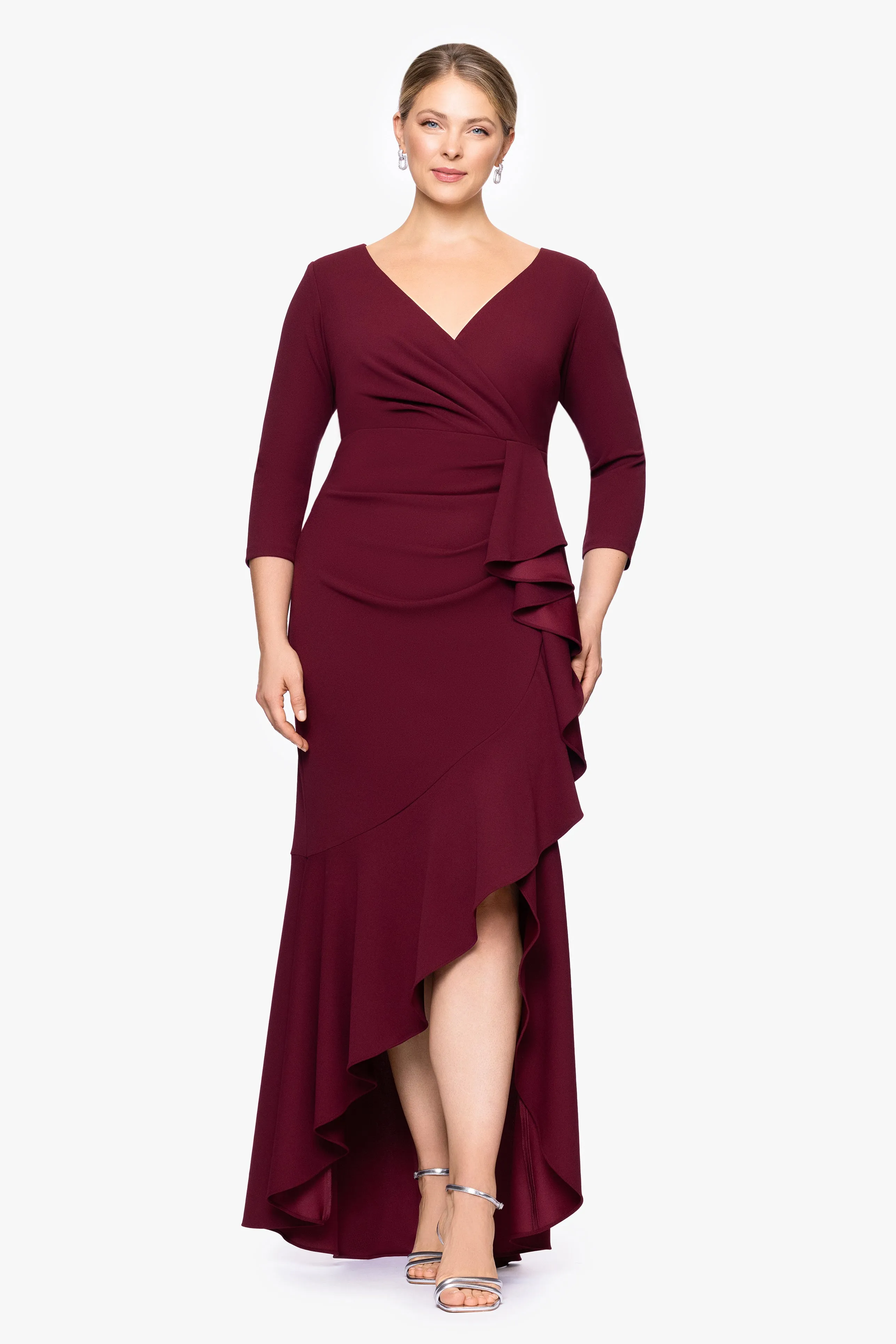 Plus "Pauline" Scuba Crepe 3/4 Sleeve Ruffle Floor Length Dress sold by Betsy & Adam