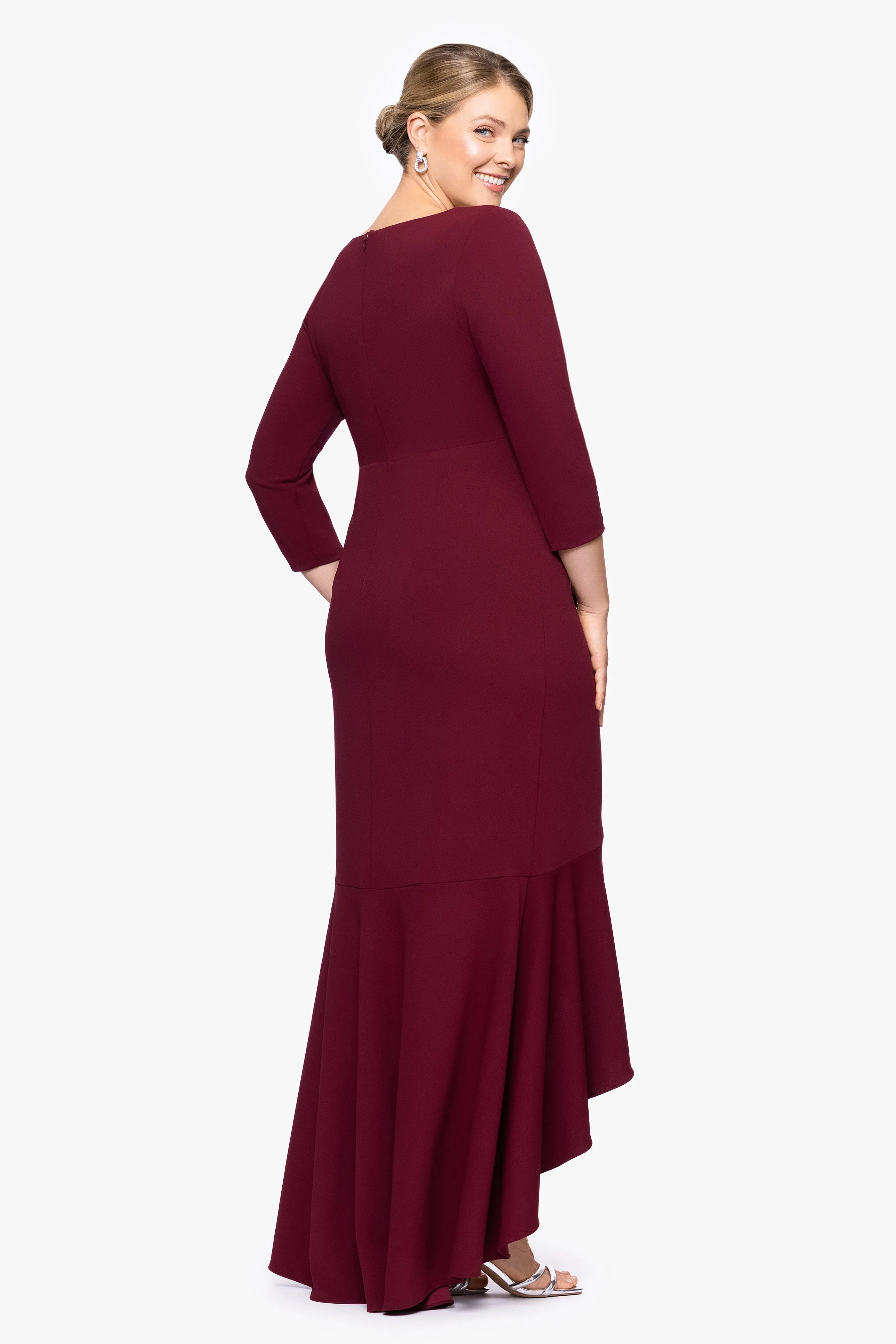 Plus "Pauline" Scuba Crepe 3/4 Sleeve Ruffle Floor Length Dress sold by Betsy & Adam product image thumbnail 3