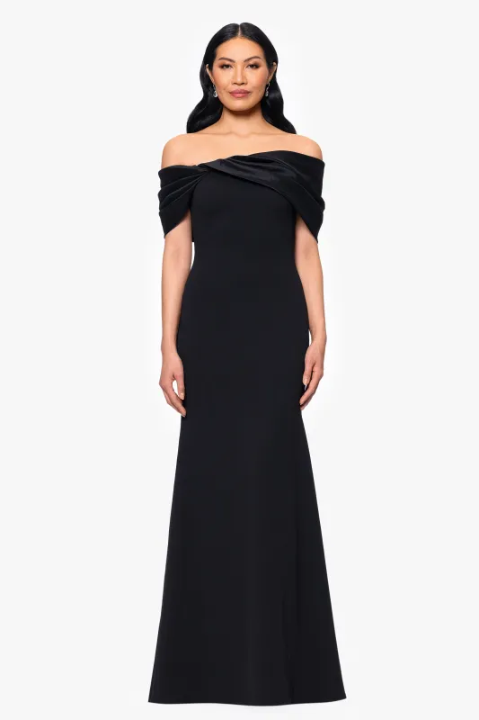 "Michelle" Scuba Crepe Off the Shouler Taffeta Trim Floor Length Dress sold by Betsy & Adam