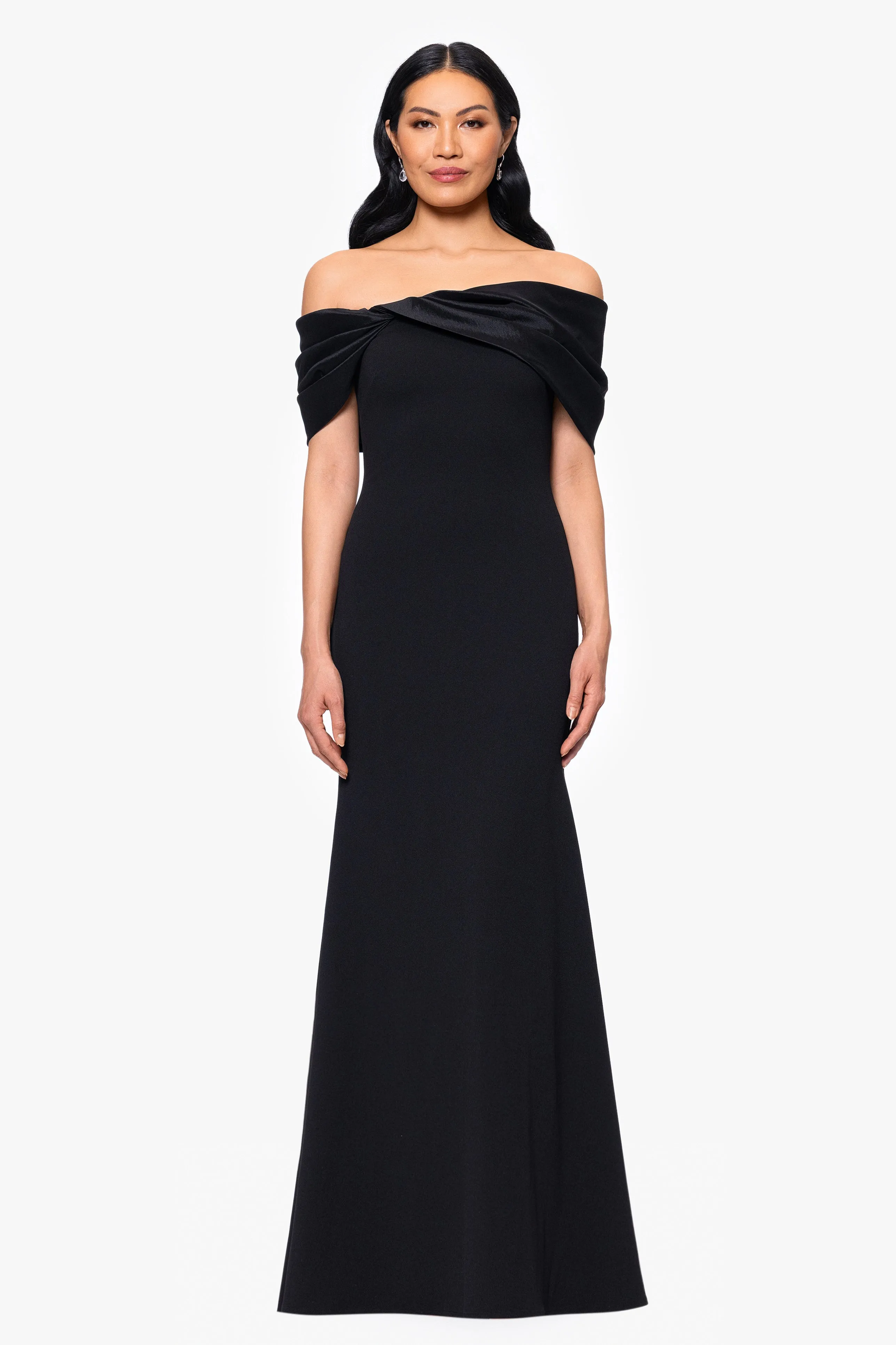 "Michelle" Scuba Crepe Off the Shouler Taffeta Trim Floor Length Dress sold by Betsy & Adam