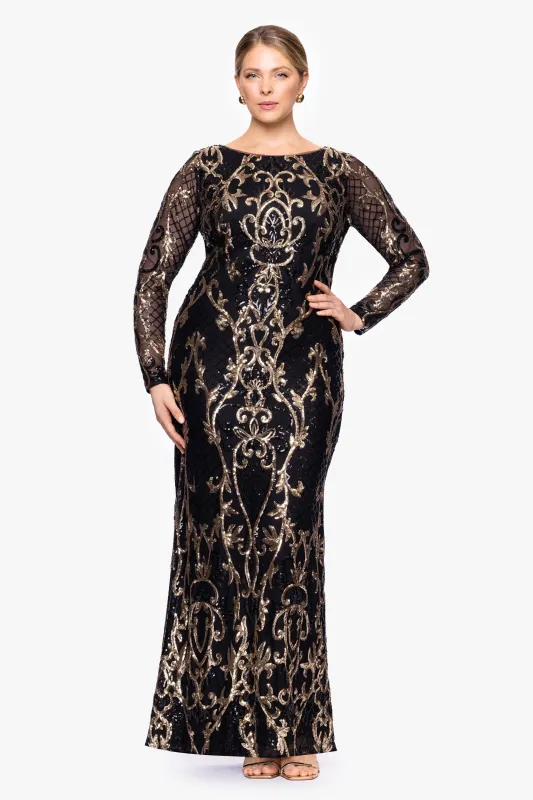 Plus "Nara" Long Sleeve Sequin Placement Gown sold by Betsy & Adam