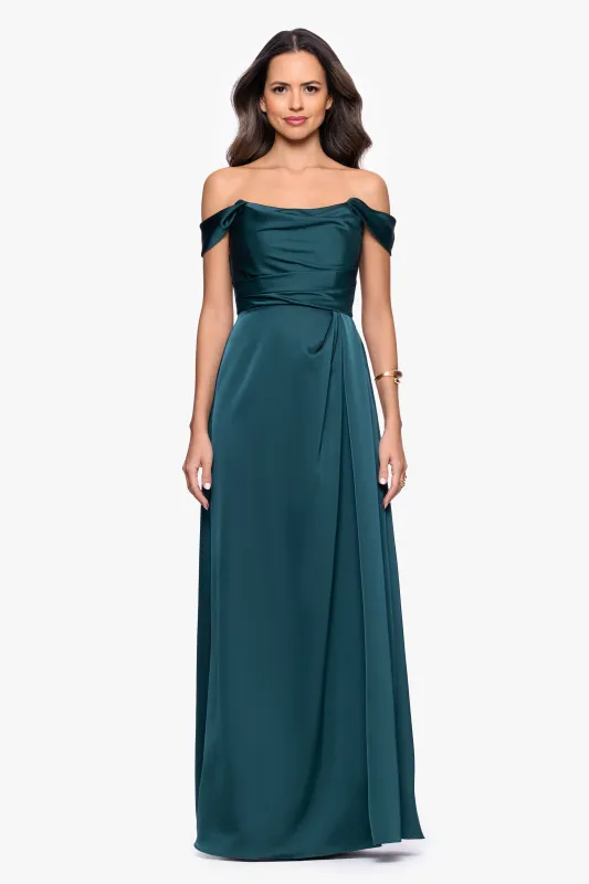 "Heather" Satin Off the Shoulder Floor Length Dress sold by Betsy & Adam