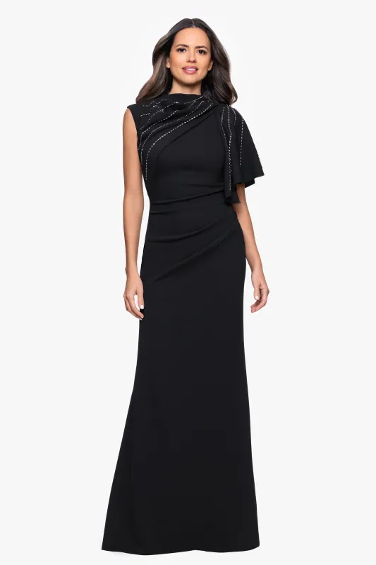 "Persephone" Scuba Crepe  Embellished Sashed Floor Length Dress sold by Betsy & Adam