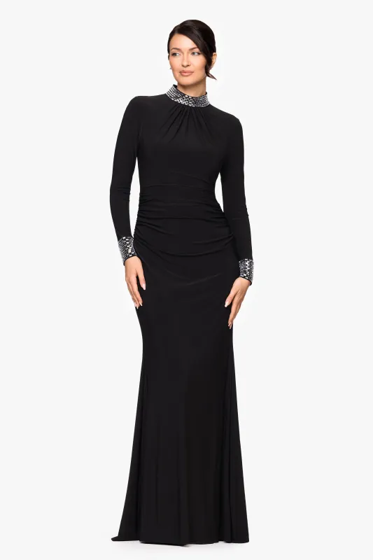 "Imani" Jersey Knit Long Sleeve Beaded Mock Neck Floor Length Dress sold by Betsy & Adam