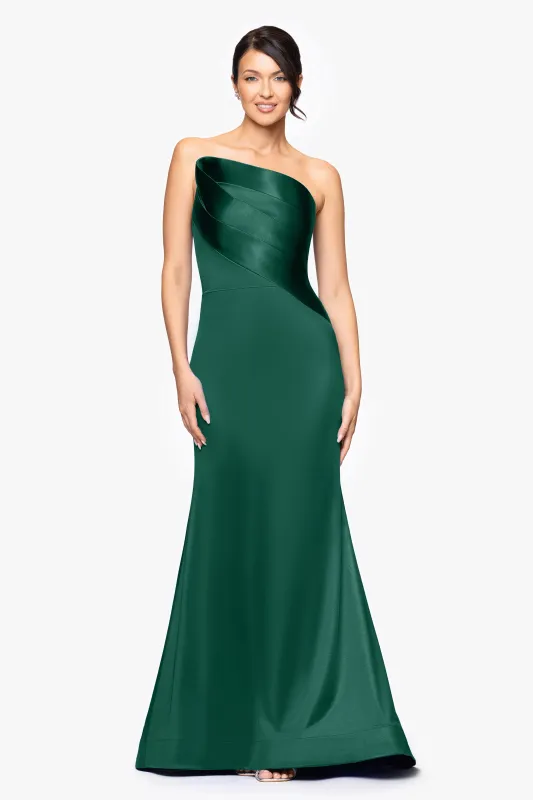 "Emilia" Satin Strapless Asymmetric Neckline Floor Length Dress sold by Betsy & Adam