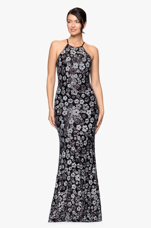 "Maisie" Sequin Flowers Embellished Floor Length Dress sold by Betsy & Adam